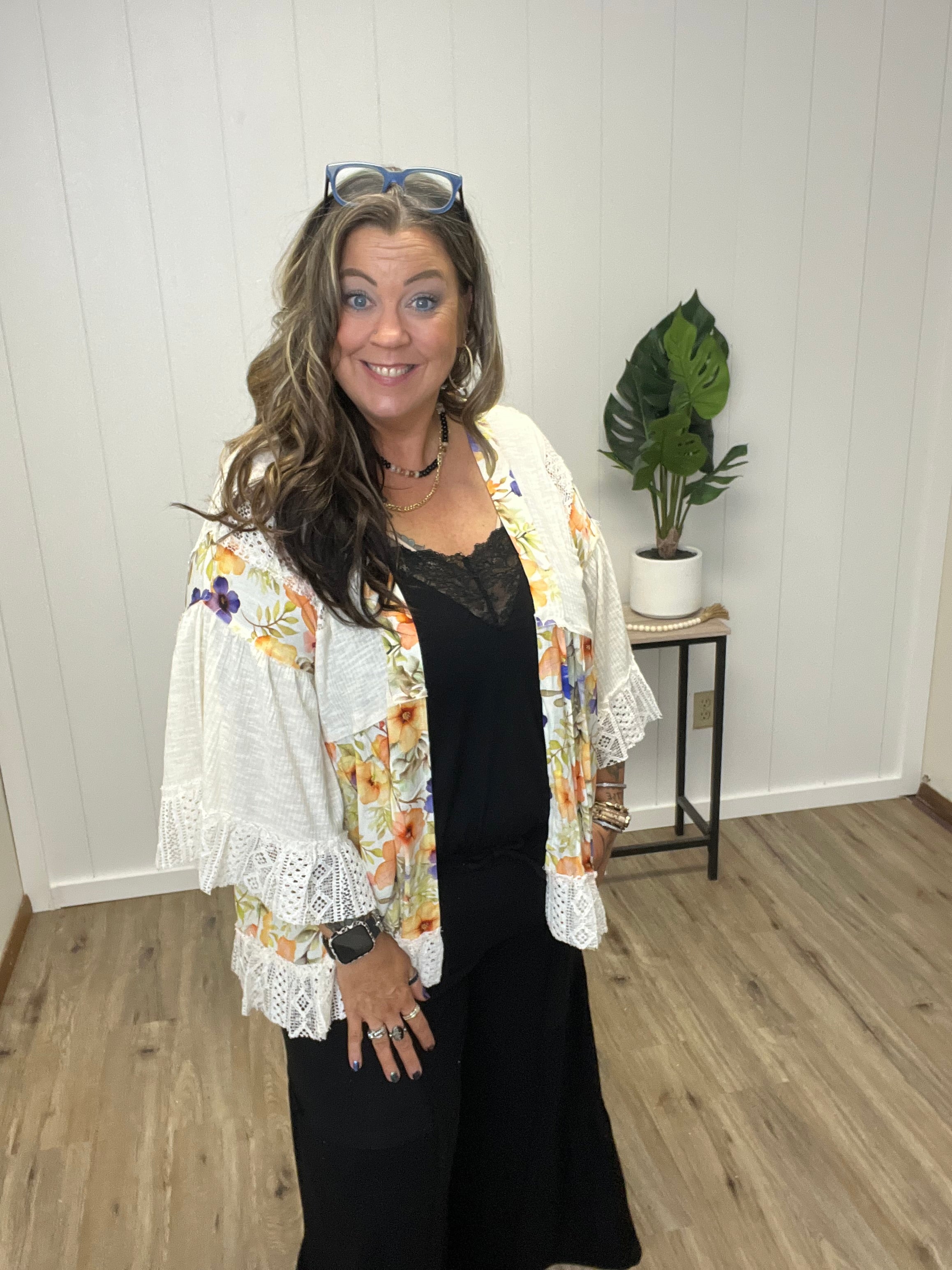 POL FLORAL CARDIGAN WITH LACE