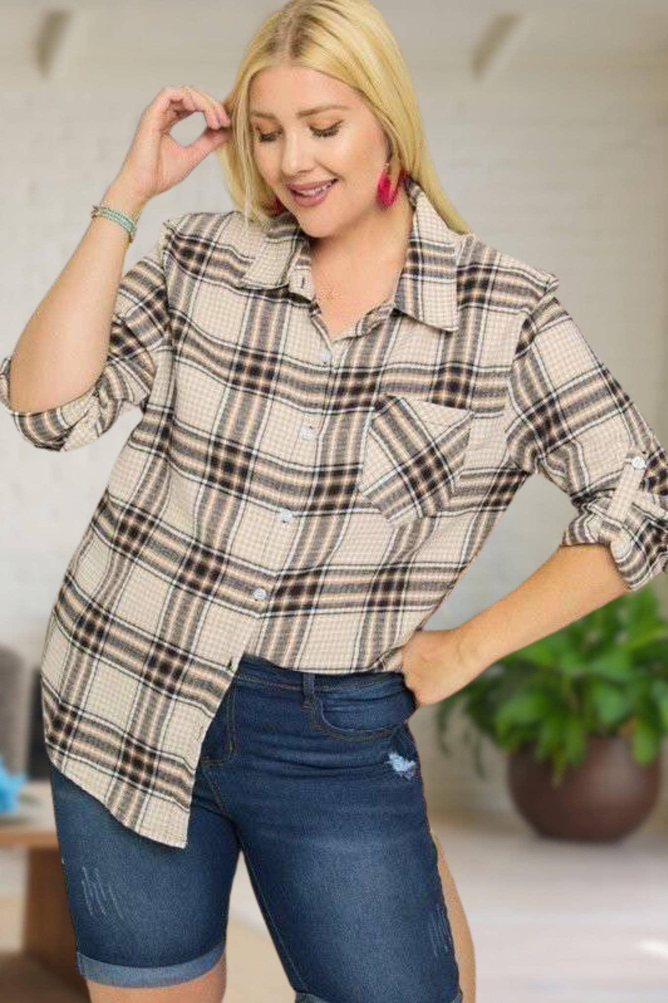 ADORA LA - CET2309X - PLUS SIZE BUTTON DOWN PLAID SHIRT
