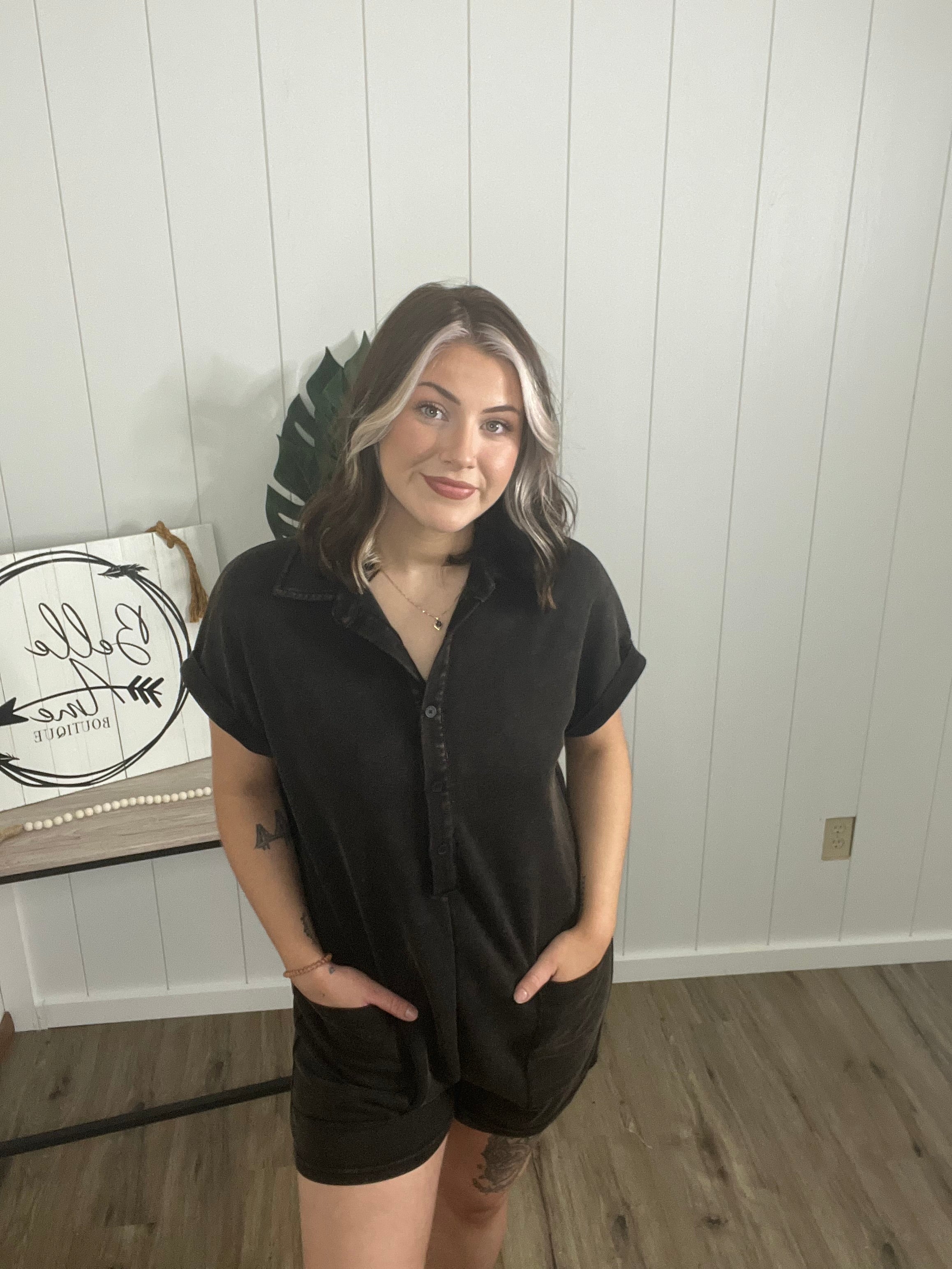 Mineral Washed Scuba Button Up Romper