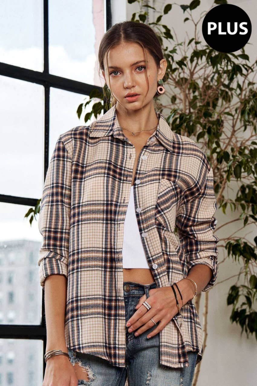 ADORA LA - CET2309X - PLUS SIZE BUTTON DOWN PLAID SHIRT