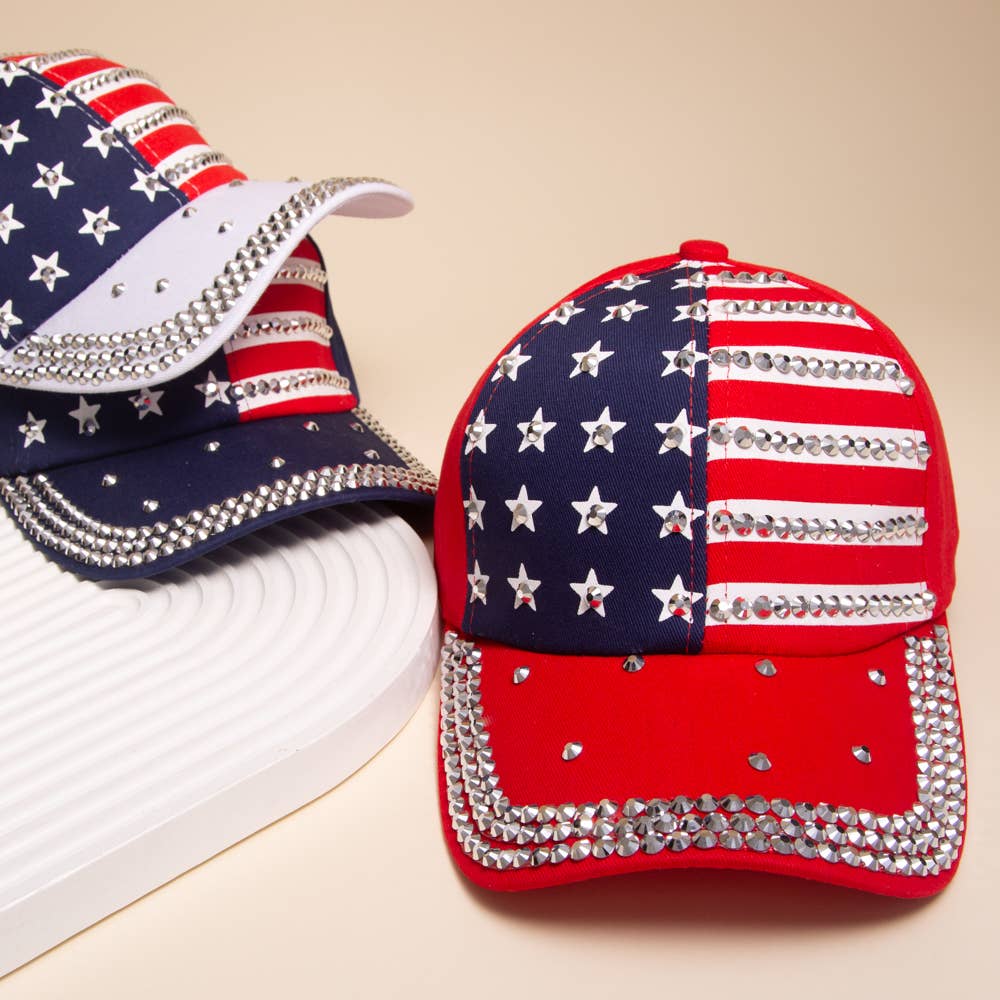 American Flag Hotfix Rhinestone Embellished Baseball Cap