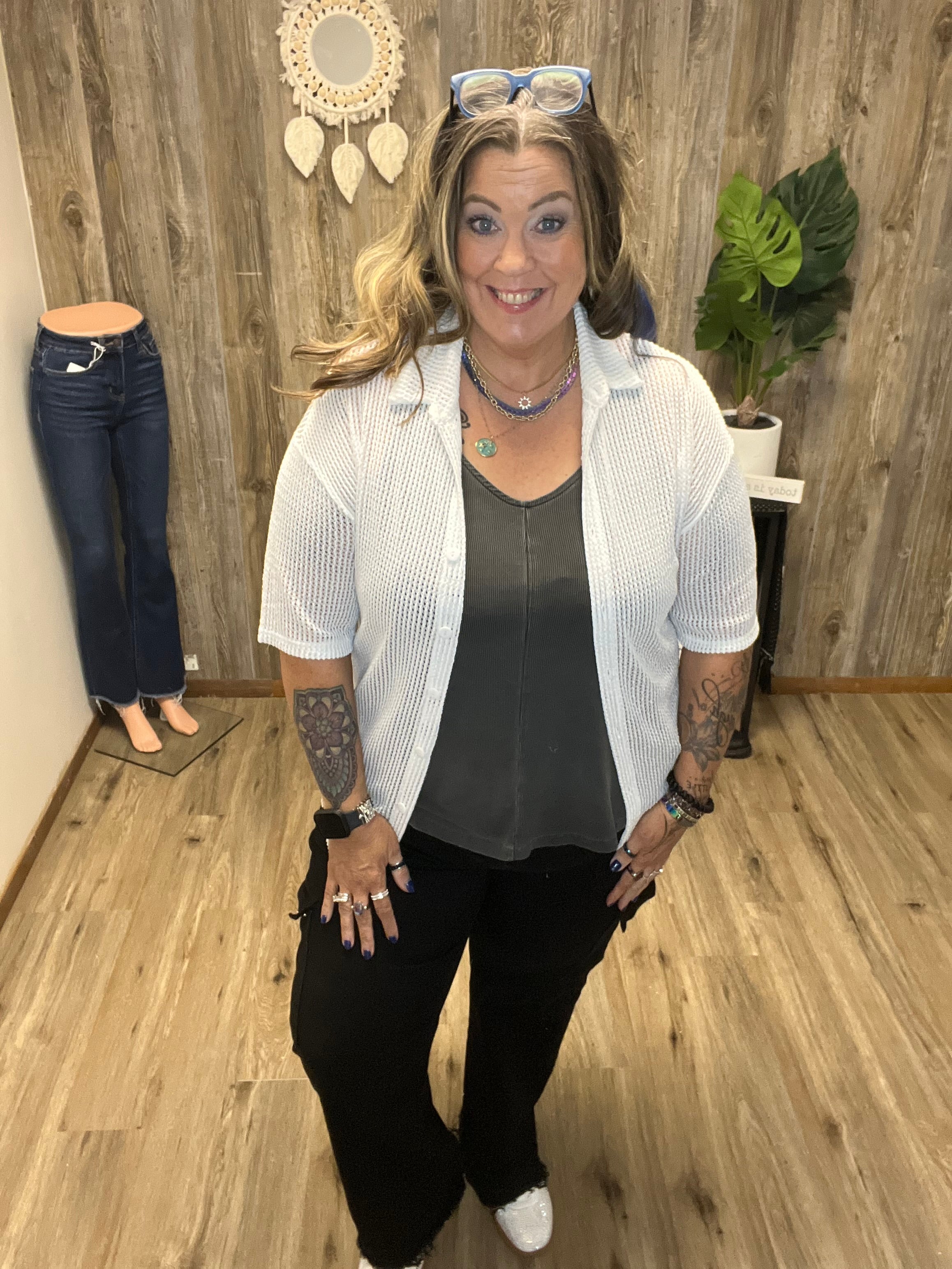 Open Stitch Knit Button Down Shirt