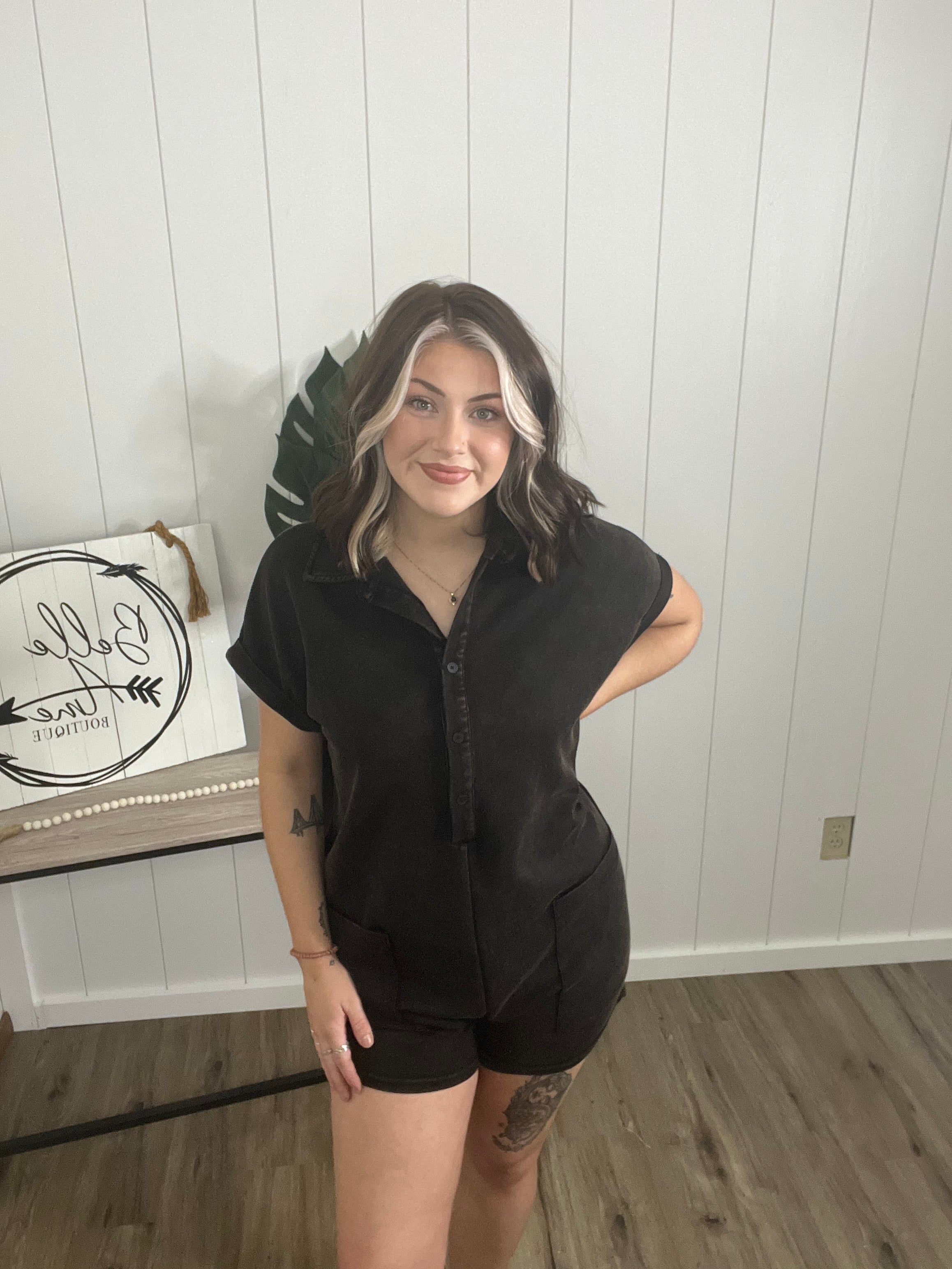 Mineral Washed Scuba Button Up Romper