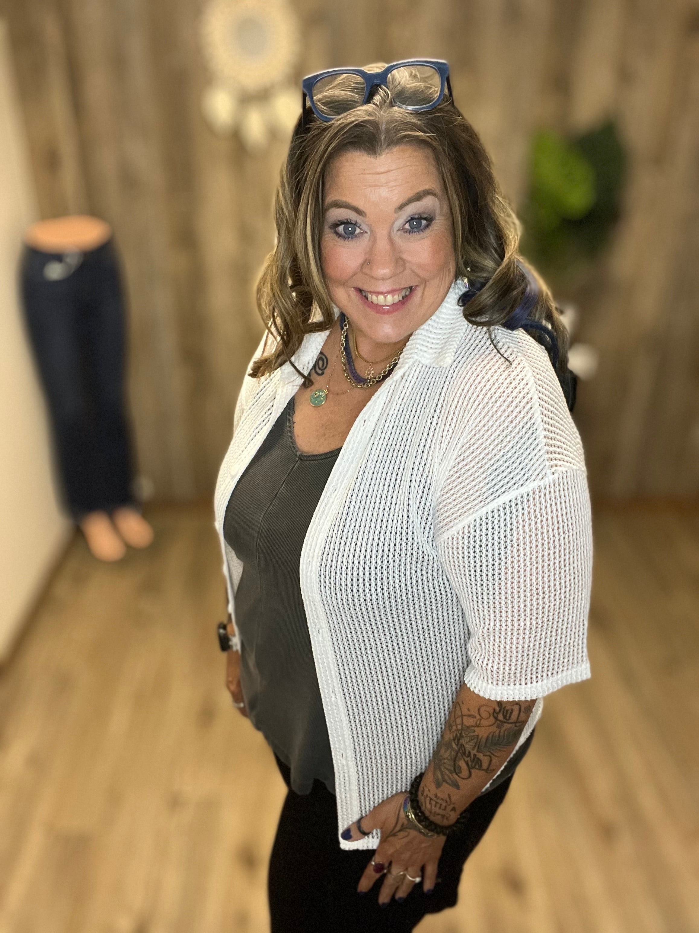 Open Stitch Knit Button Down Shirt