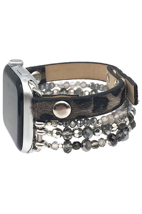 CRYSTAL BEAD LEOPARD LEATHER APPLE WATCH BAND