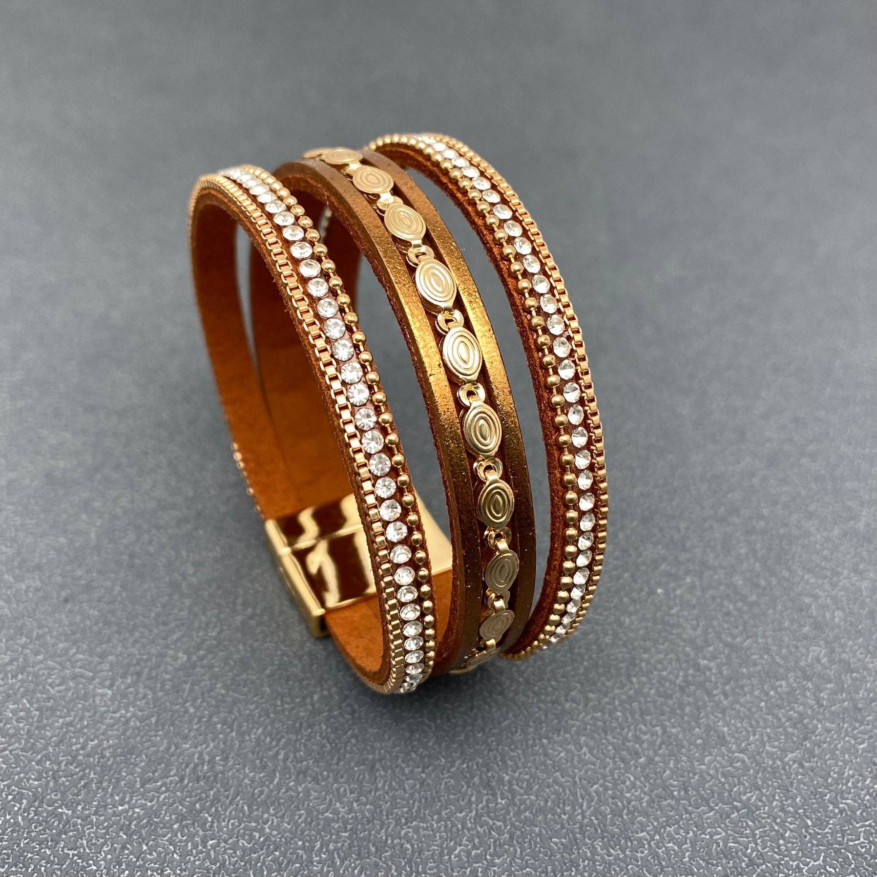 Sparkling Rhinestone & Leather Triple Boho Bracelet
