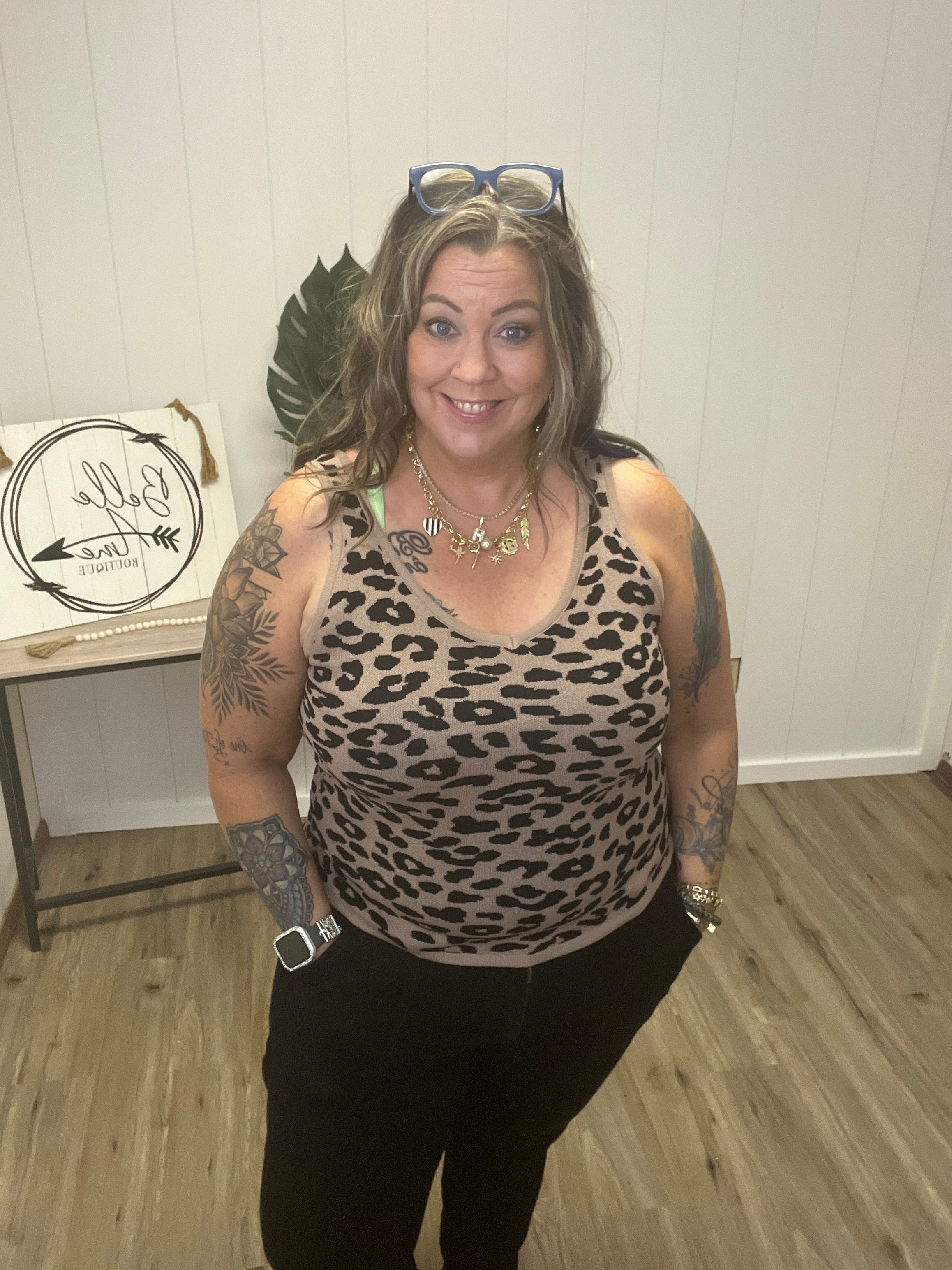 Leopard Knitted Lightweight V Neck Tank Top