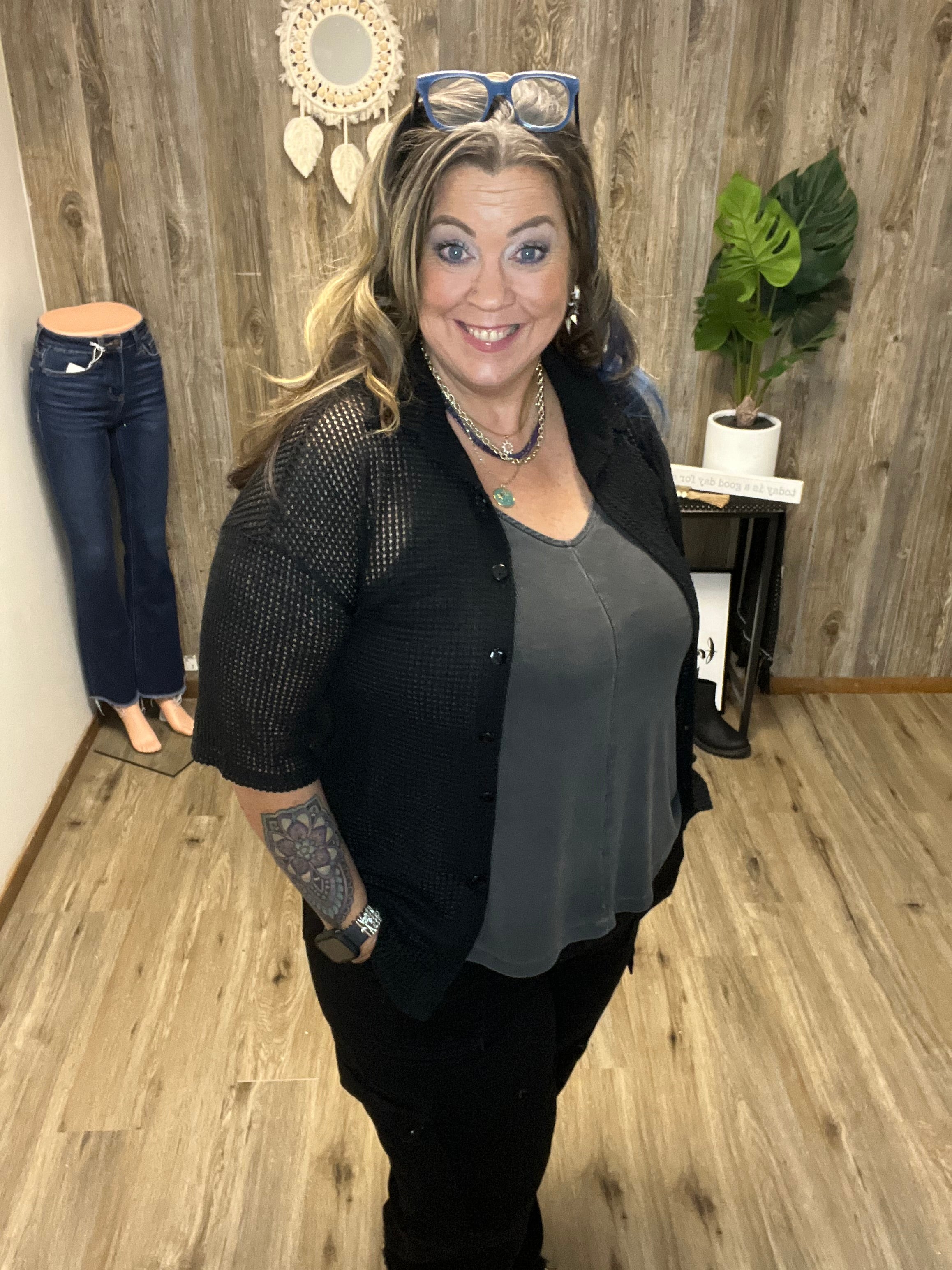 Open Stitch Knit Button Down Shirt