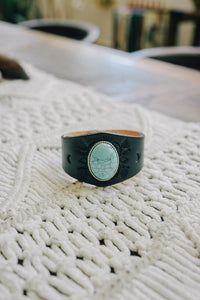 Boho Turquoise Stone Black Leather Cuff Bracelet