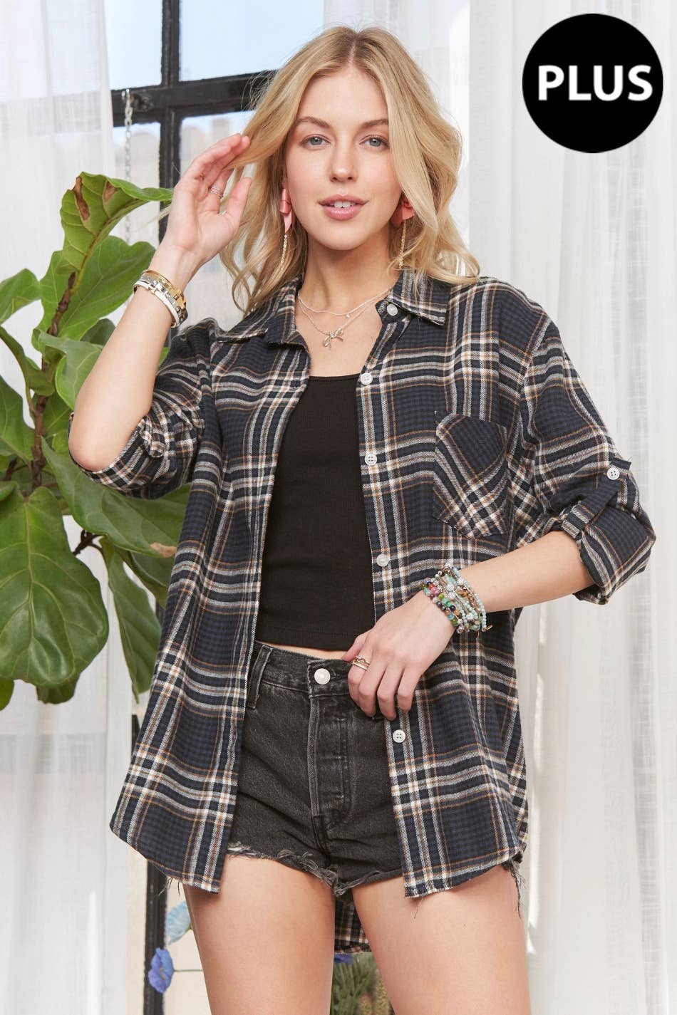 ADORA LA - CET2309X - PLUS SIZE BUTTON DOWN PLAID SHIRT