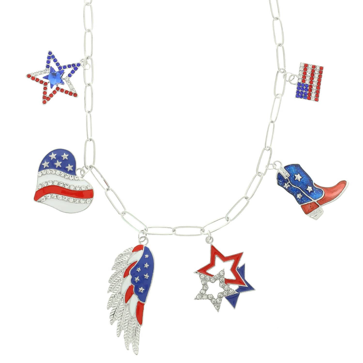 USA Rhinestone Multi-Charm Chain Necklace