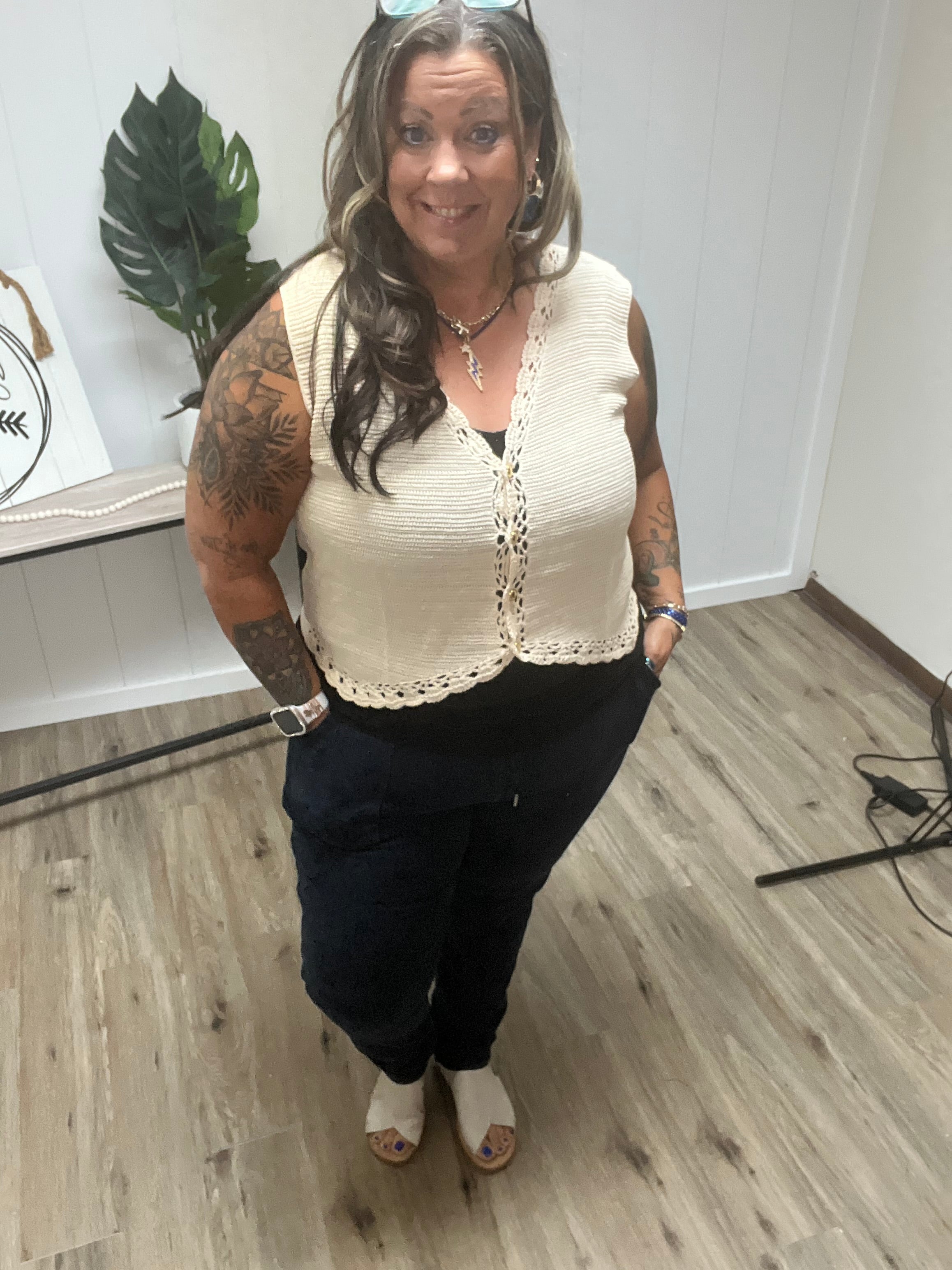 Crochet Trimmed Button Down Sweater Vest