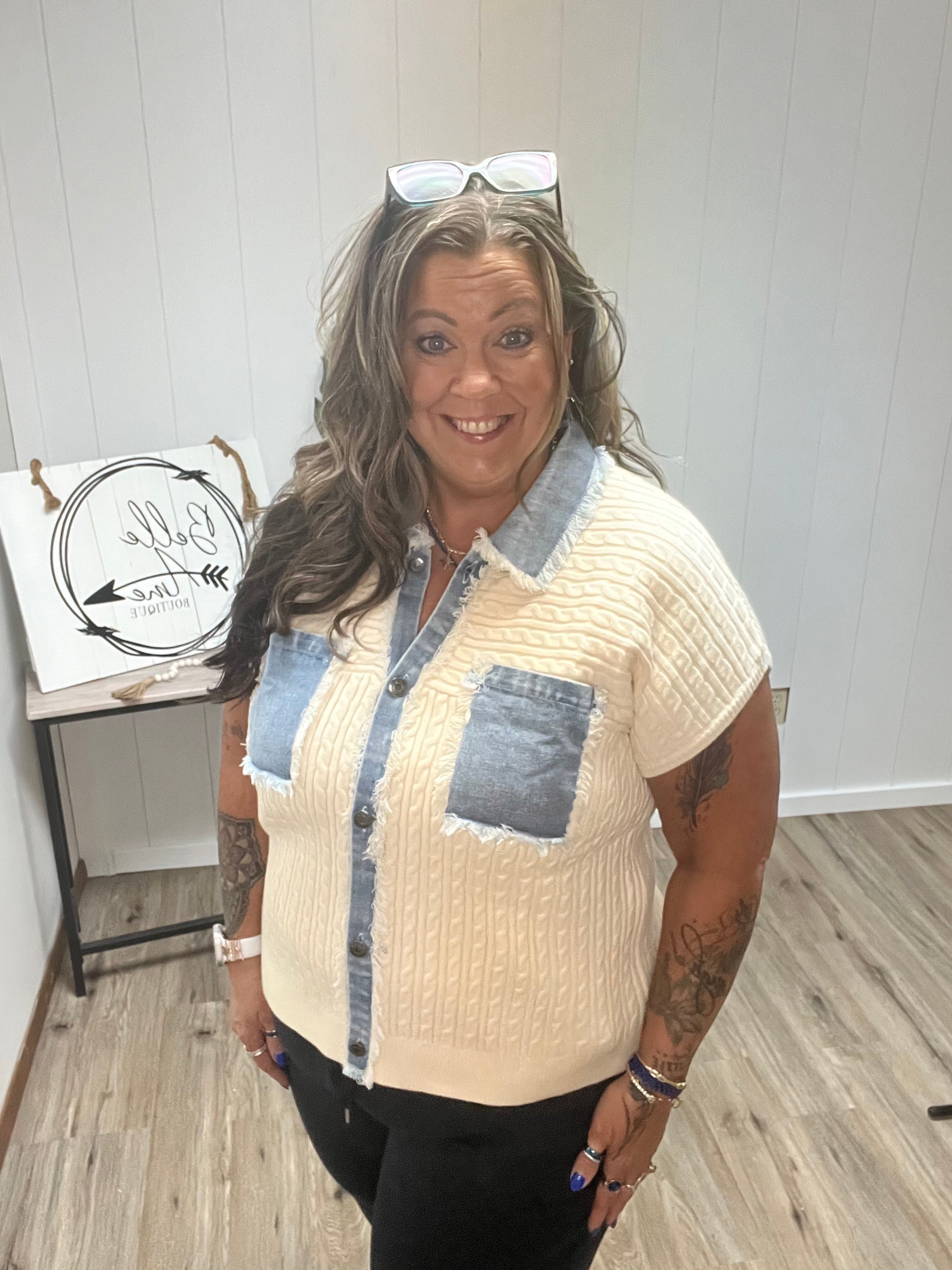 Denim Mixed Button Down Cable Sweater Jacket