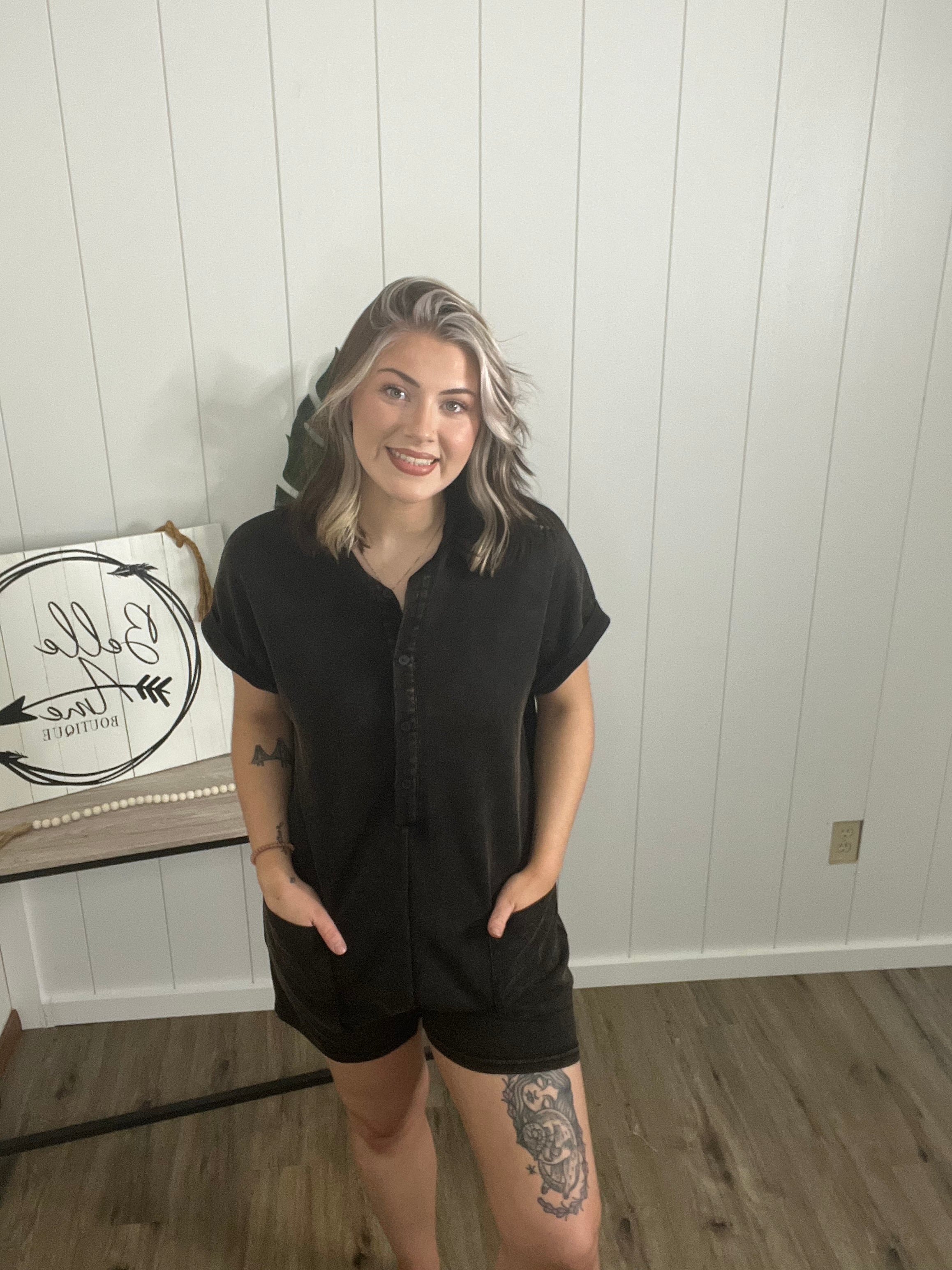 Mineral Washed Scuba Button Up Romper