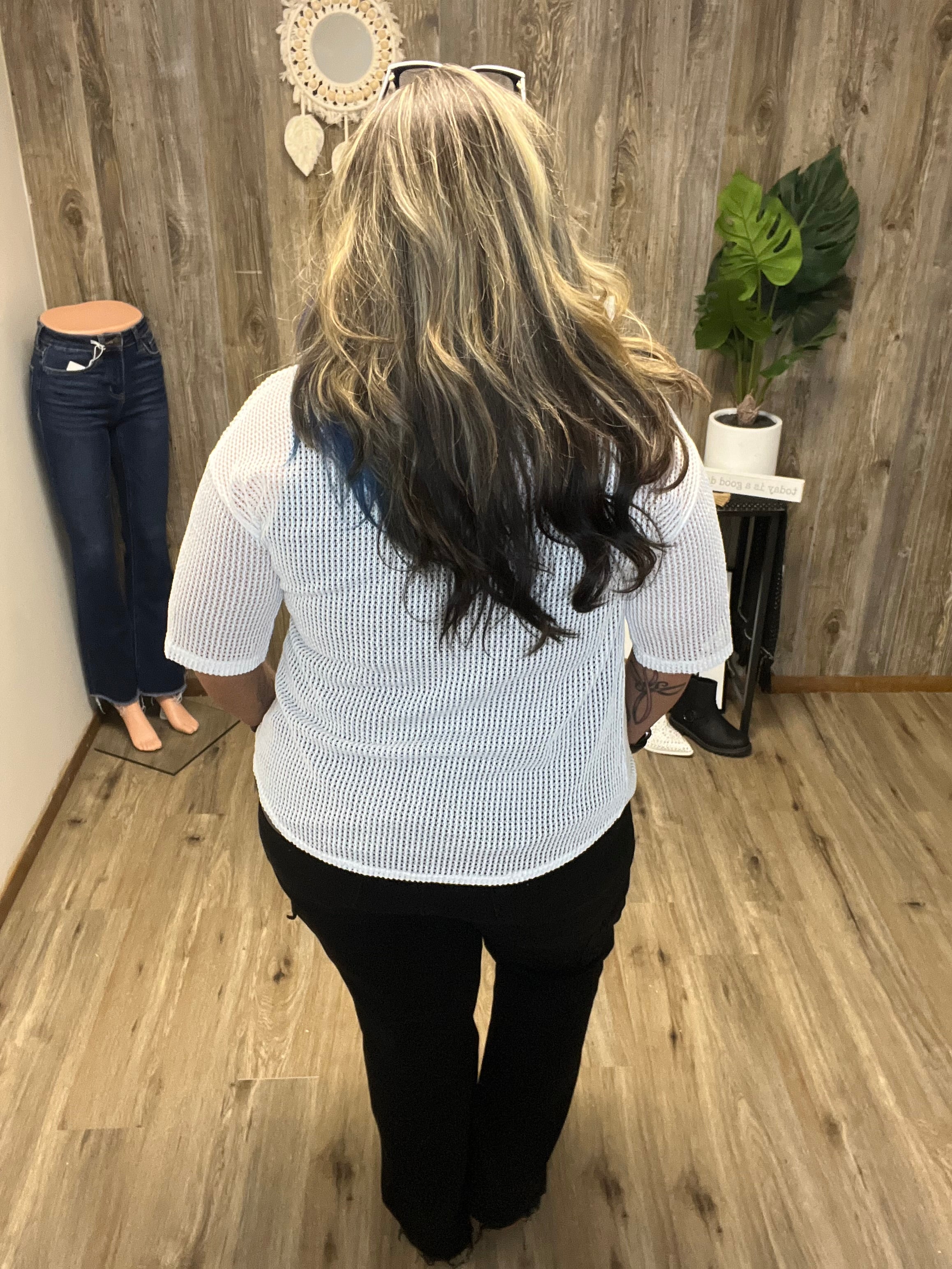 Open Stitch Knit Button Down Shirt