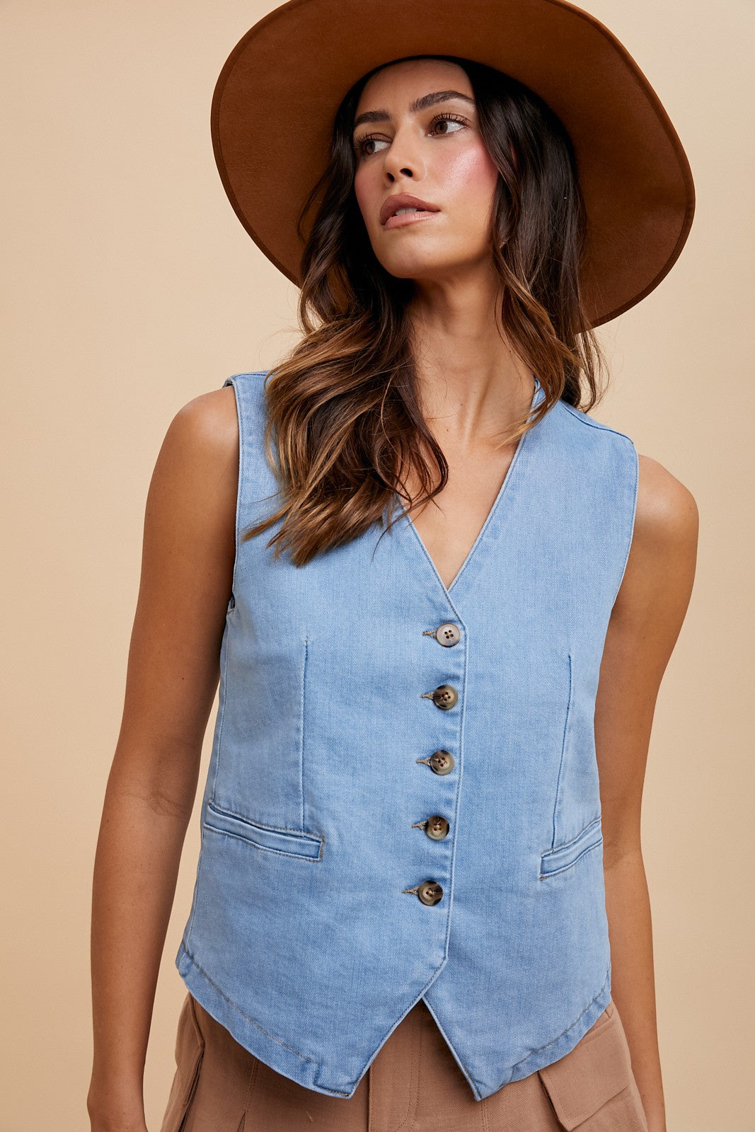 Stretch Denim Button Down Vest
