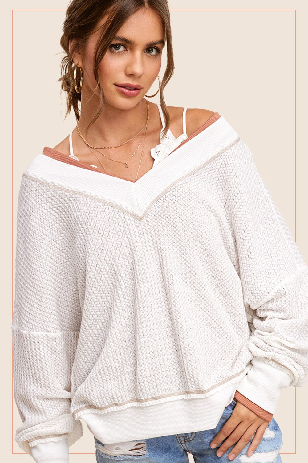 LA MIEL V-NECK WAFFLE  LONG SLEEVE TOP