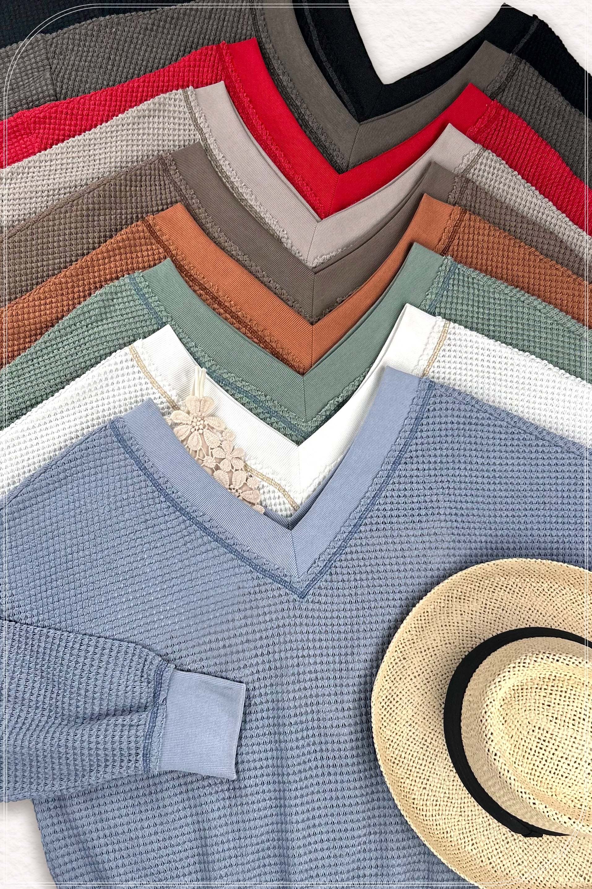 LA MIEL V-NECK WAFFLE  LONG SLEEVE TOP