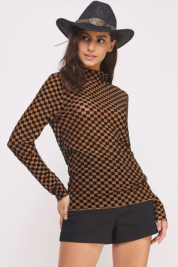 LONG SLEEVE CHECKERED MESH MOCK NECK TOP