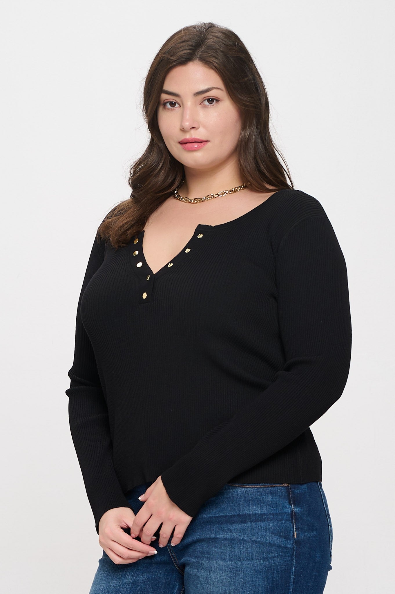 BLU CURVY SOLID LONG SLEEVE HENLEY SWEATER KNIT TOP