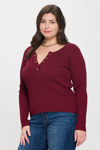 BLU CURVY SOLID LONG SLEEVE HENLEY SWEATER KNIT TOP