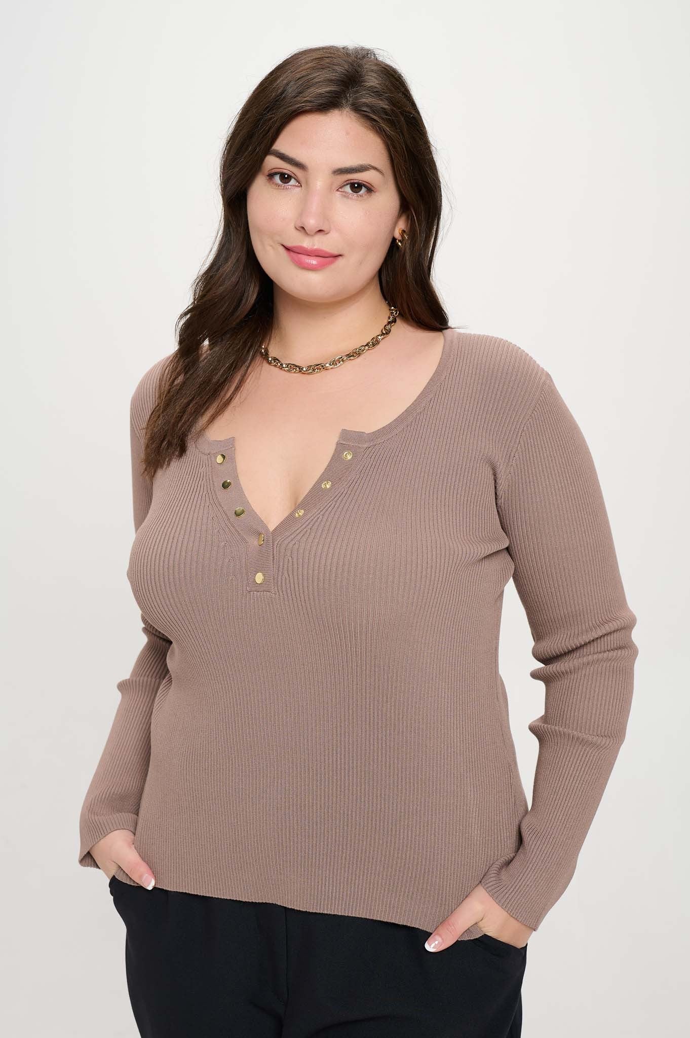 BLU CURVY SOLID LONG SLEEVE HENLEY SWEATER KNIT TOP