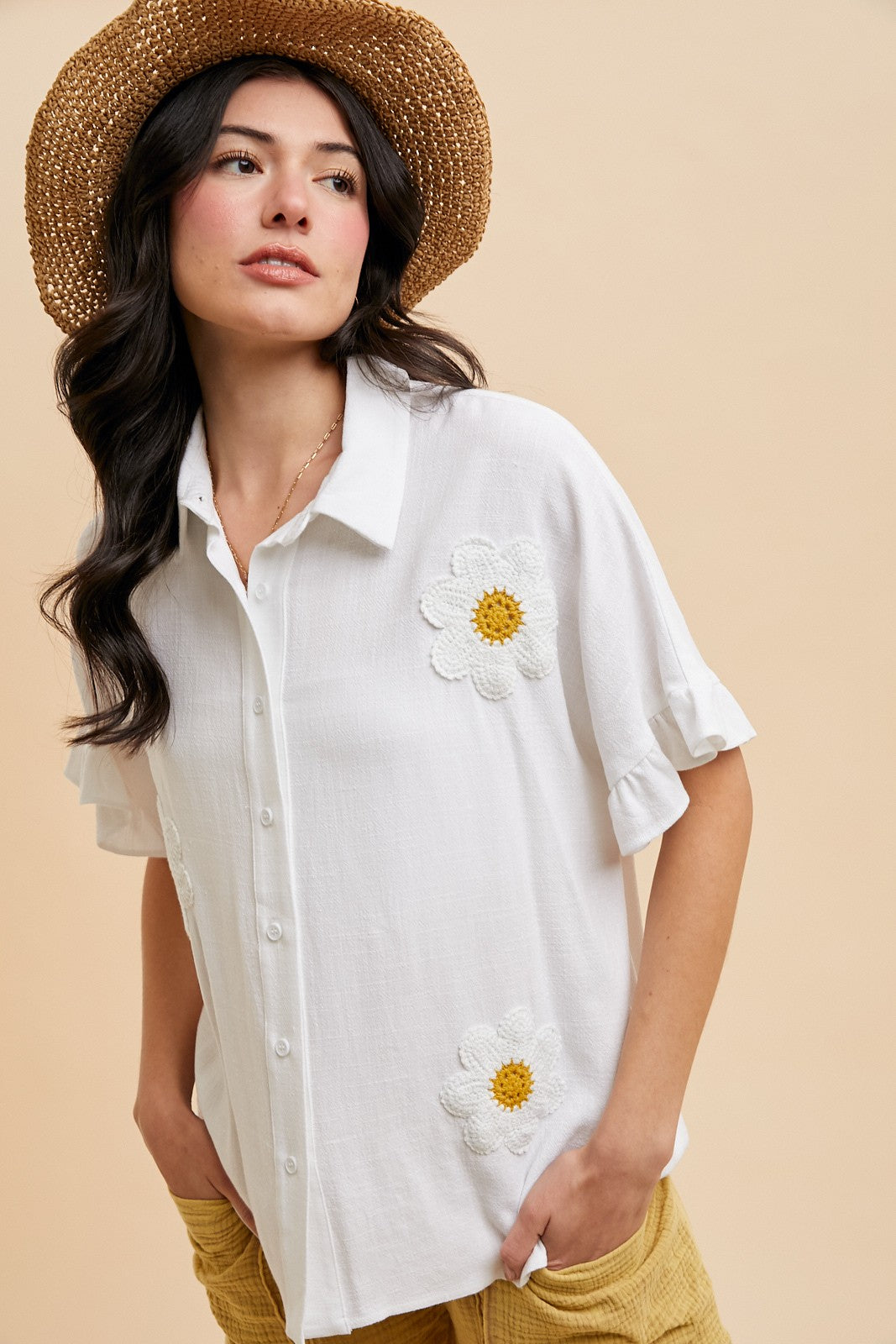 Floral Crochet Patch Linen Blend Blouse