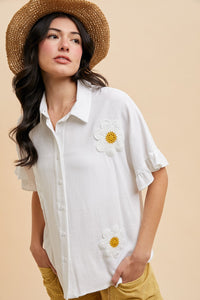 Floral Crochet Patch Linen Blend Blouse