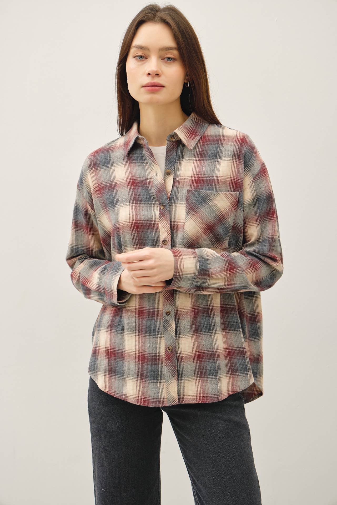 Be Cool - COTTON 100 CLASSIC  BURGUNDY GREY PLAID SHIRT