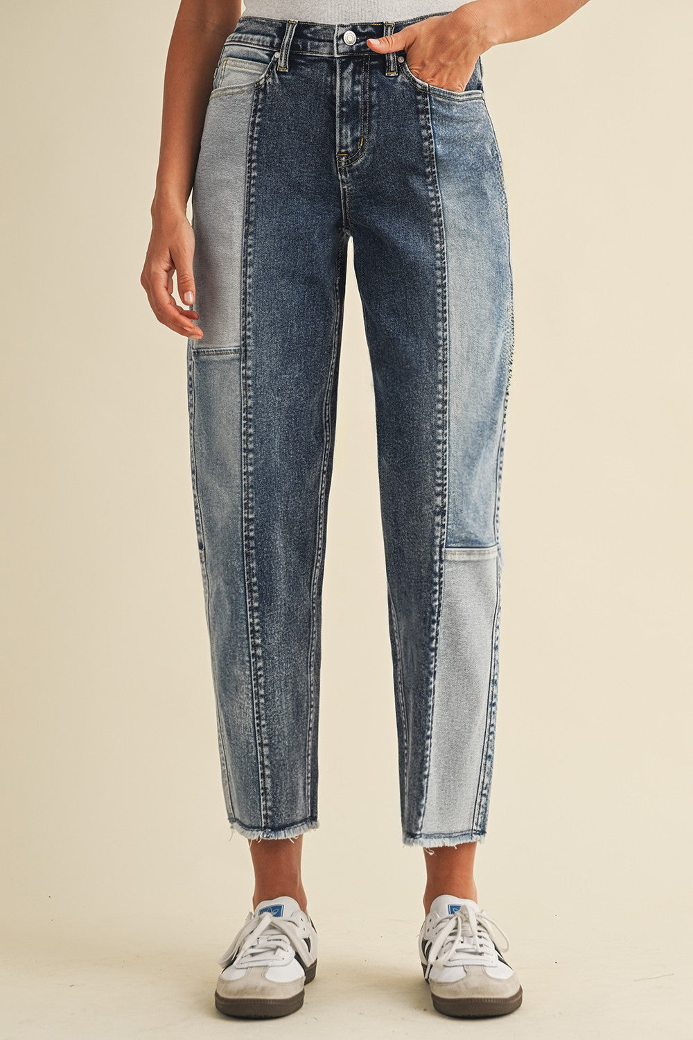 Stretch Frayed Hem Patchwork Slim Barrel Leg Jean