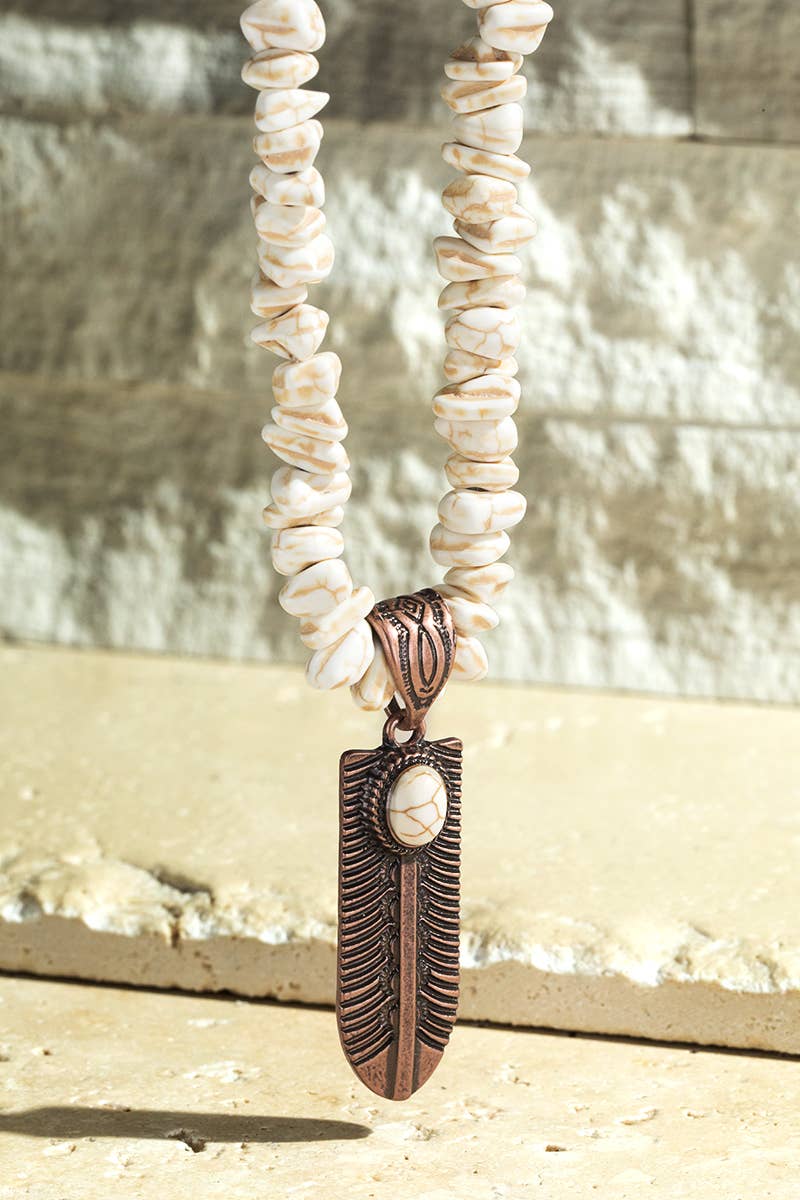 Semi Stone Feather Pendant Necklace