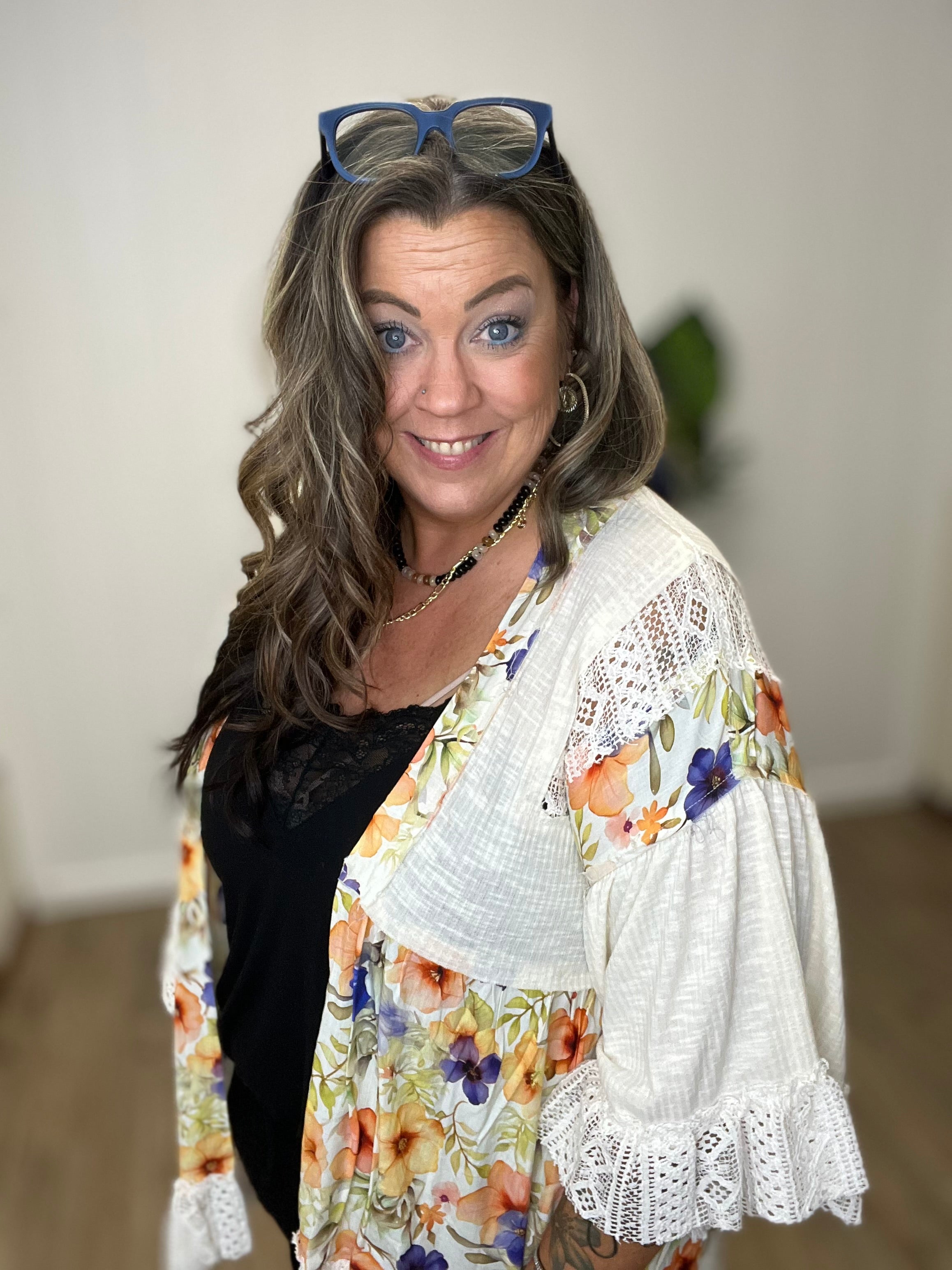 POL FLORAL CARDIGAN WITH LACE