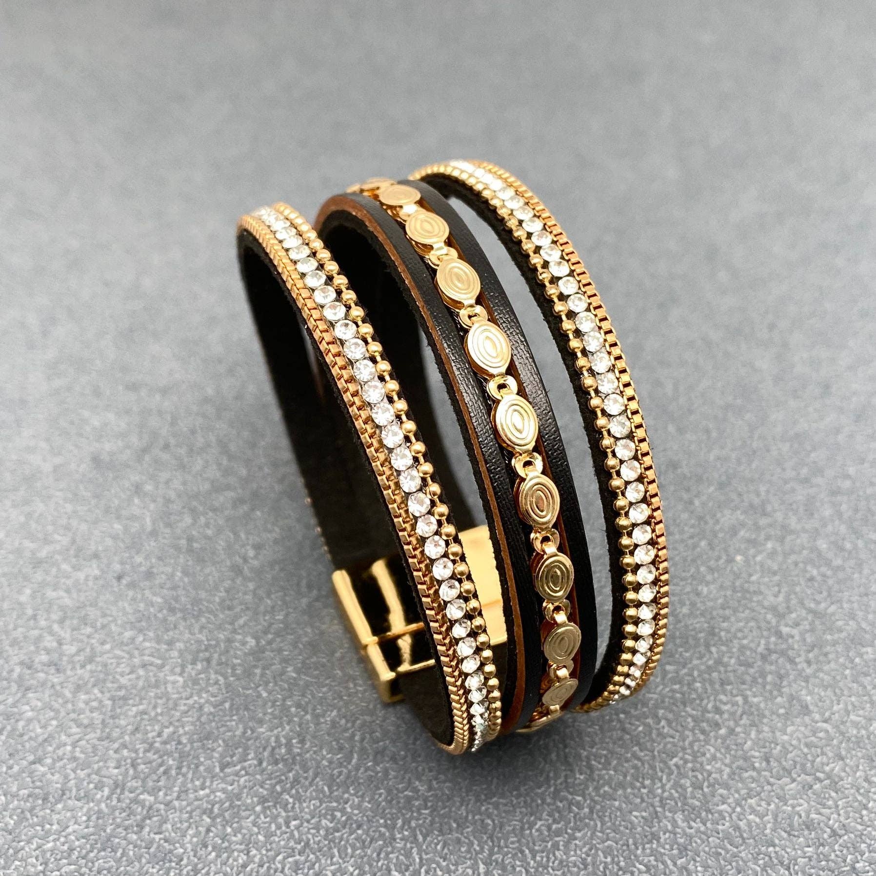 Sparkling Rhinestone & Leather Triple Boho Bracelet