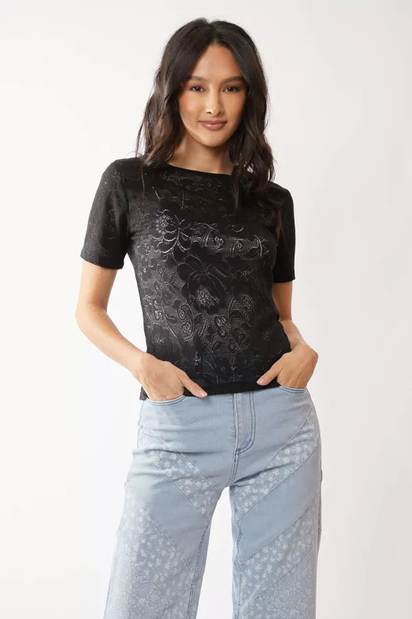 POWER MESH FLORAL LACE SHORT SLEEVE TOP