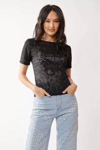 POWER MESH FLORAL LACE SHORT SLEEVE TOP