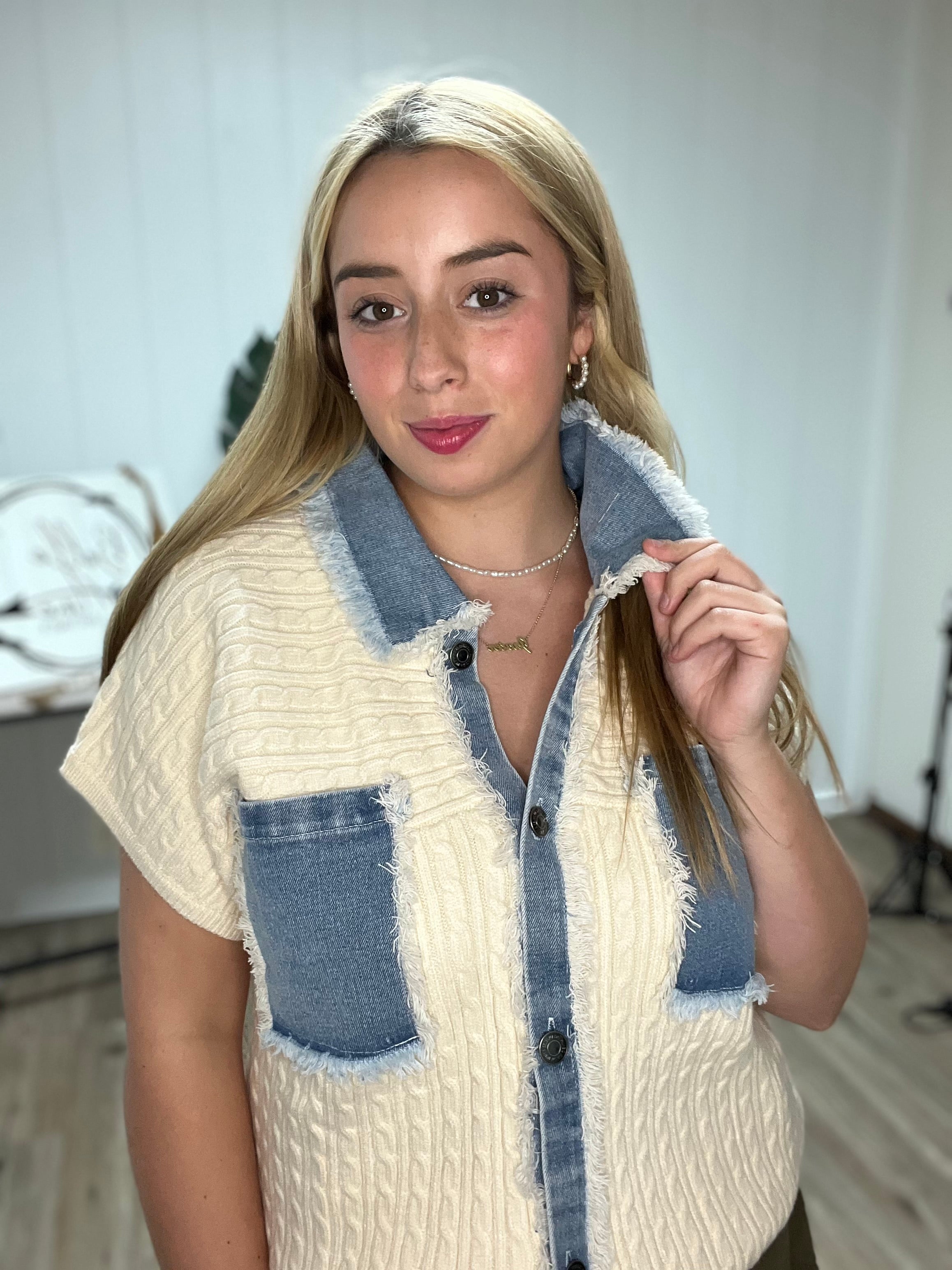 Denim Mixed Button Down Cable Sweater Jacket