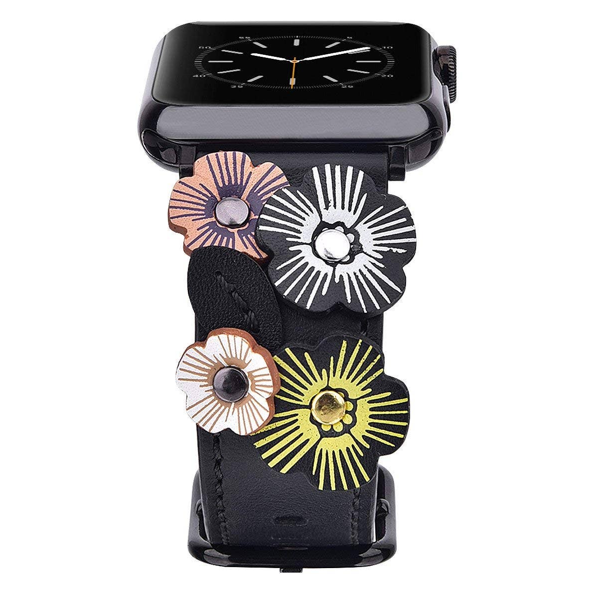 Floral Leather Apple Watch Band Flower Rivets Hand Stitched