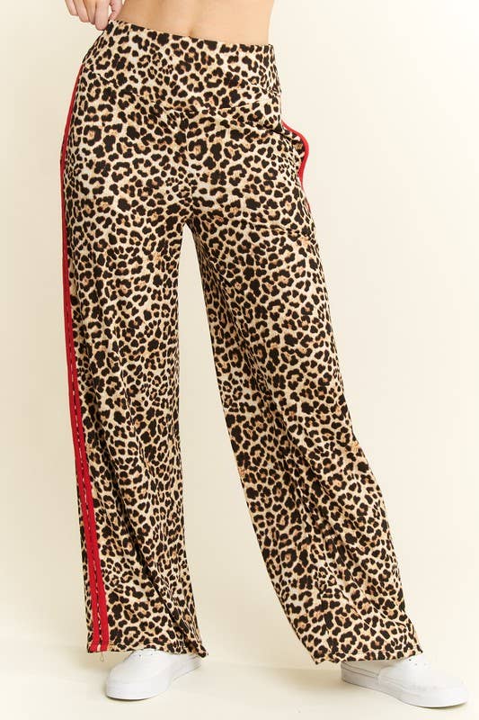 LEOPARD PRINT WITH RED SIDE STRIPE PANTS