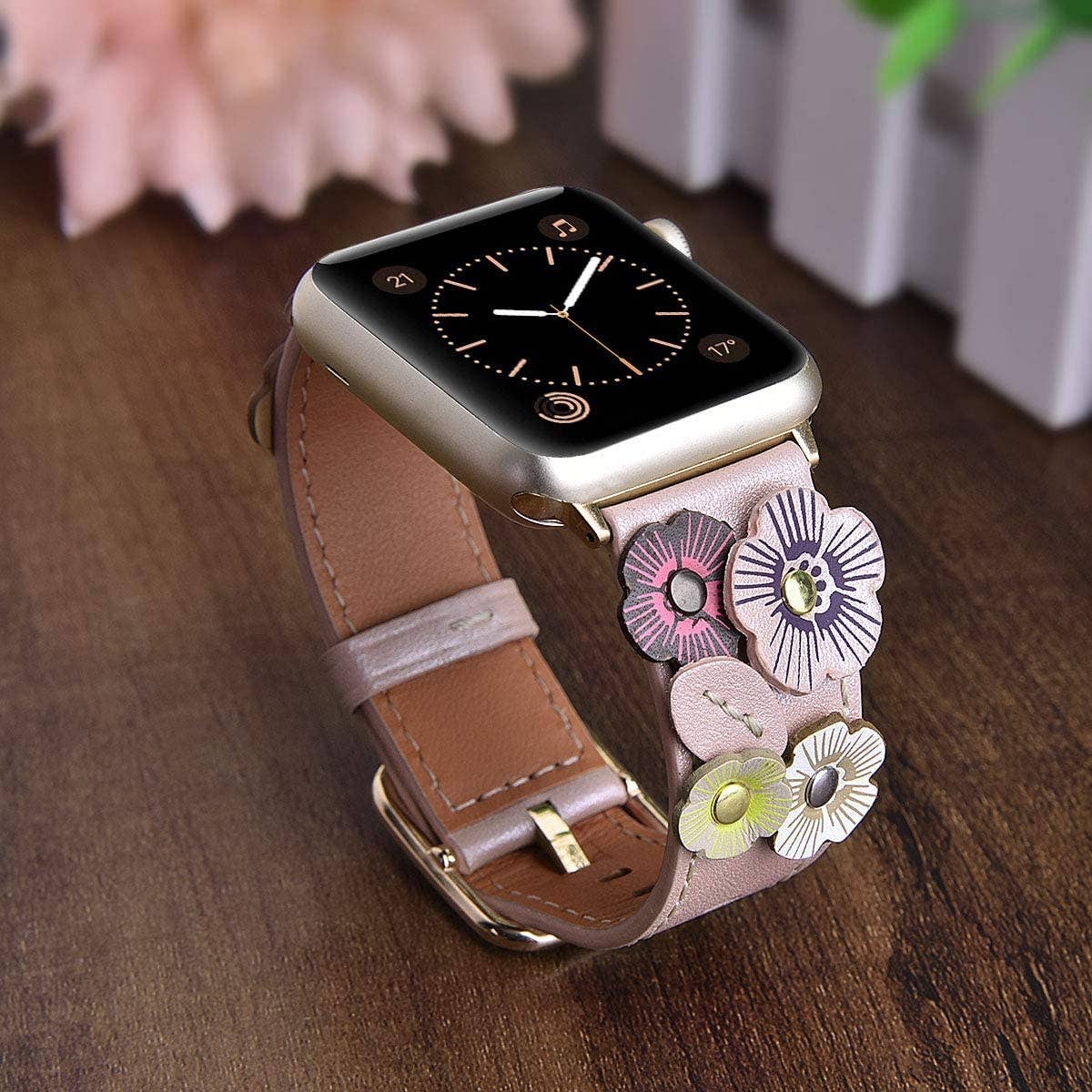 Floral Leather Apple Watch Band Flower Rivets Hand Stitched