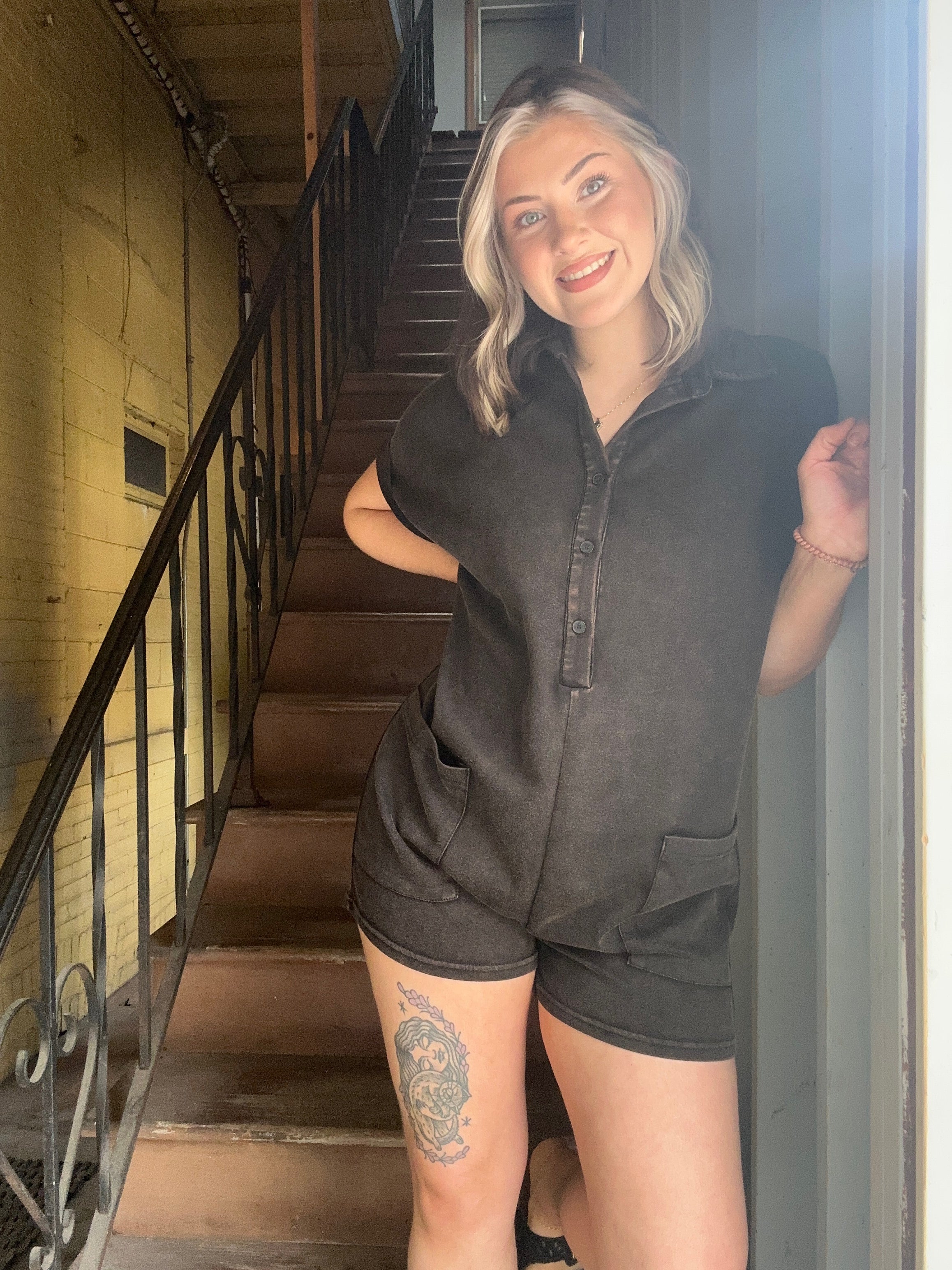 Mineral Washed Scuba Button Up Romper