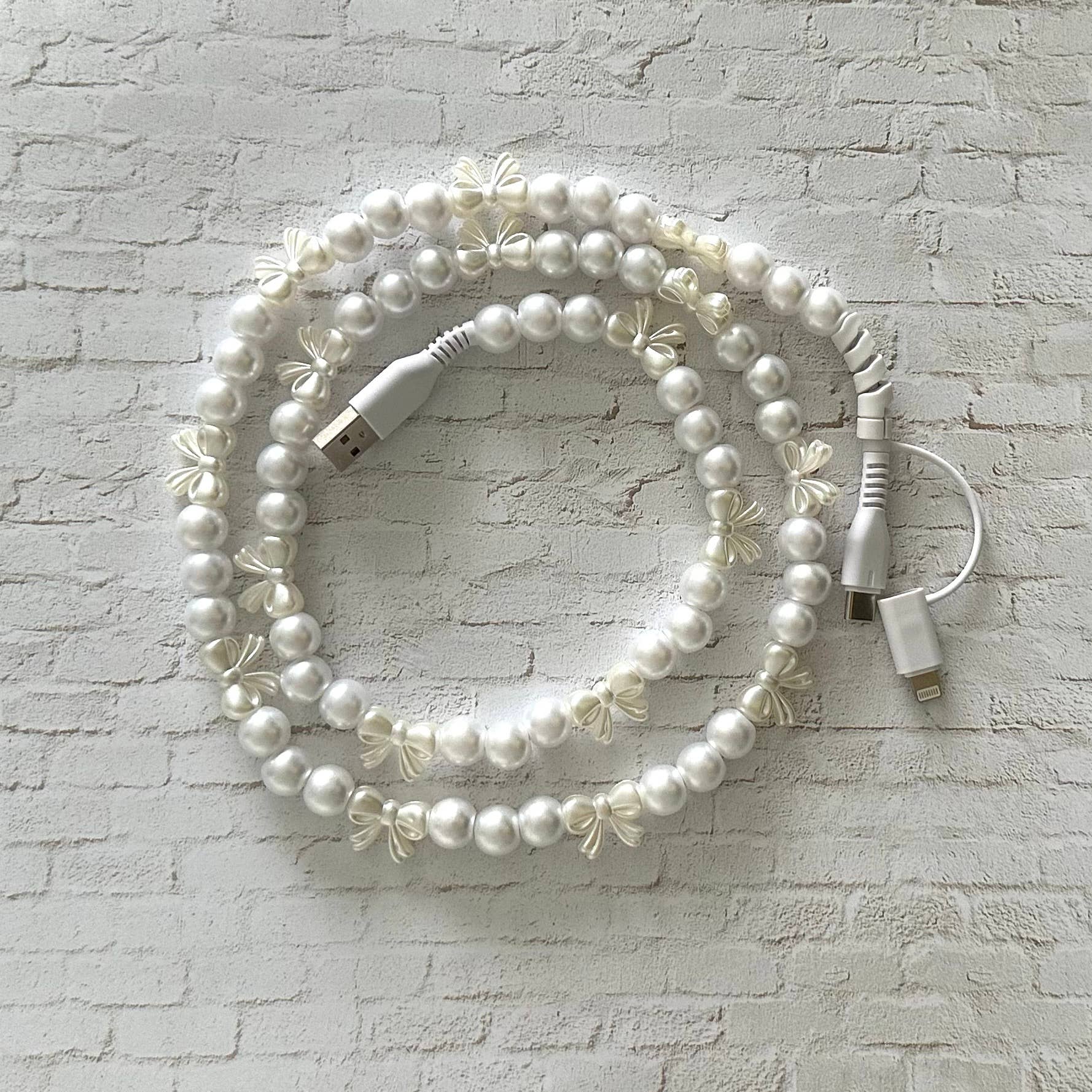 PEARL BOW  Beaded Phone Charging Cable 2 in 1 USB-C Cord