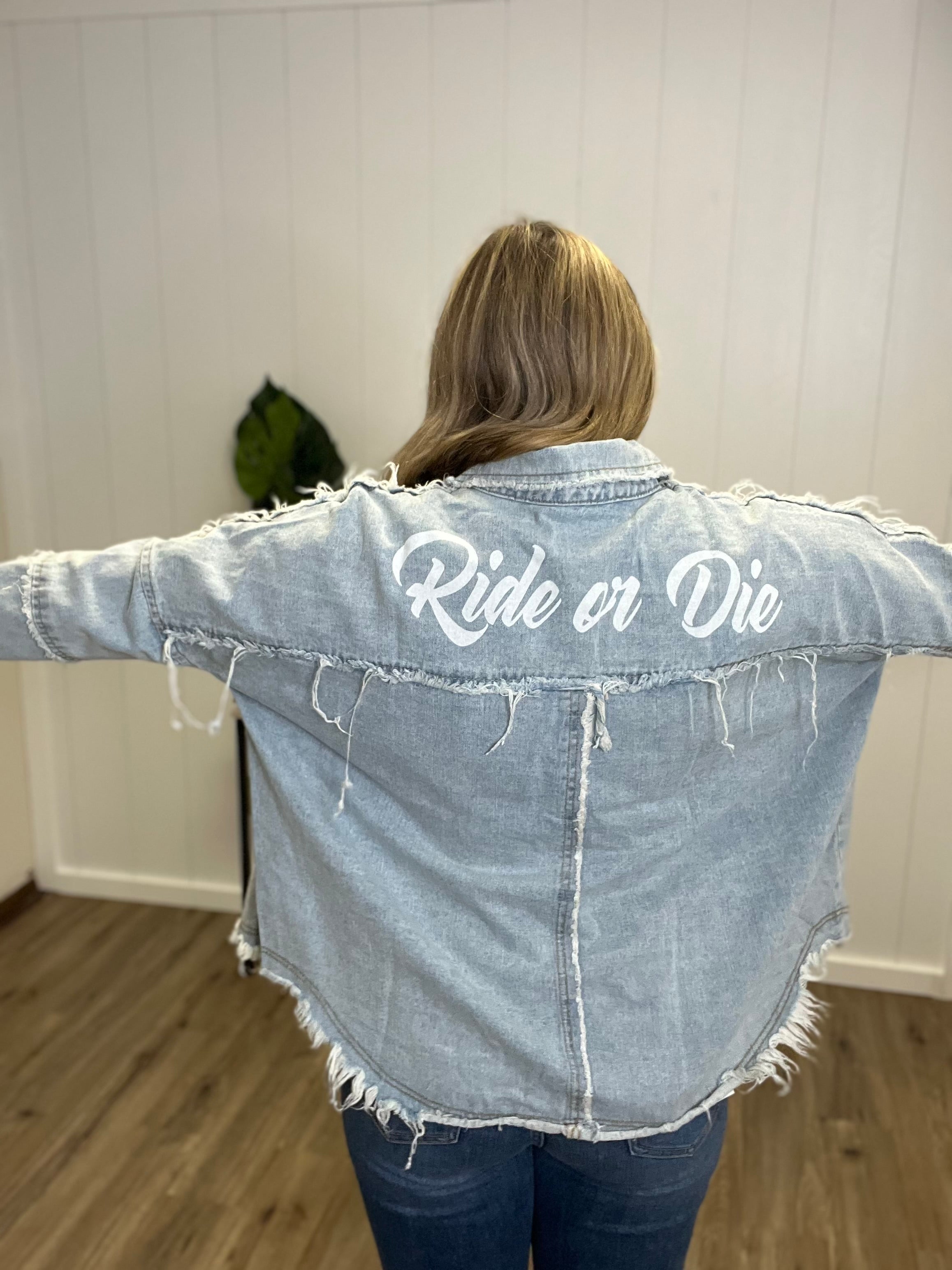 Denim Fringe Distressed Back Ride or Die Graffiti
