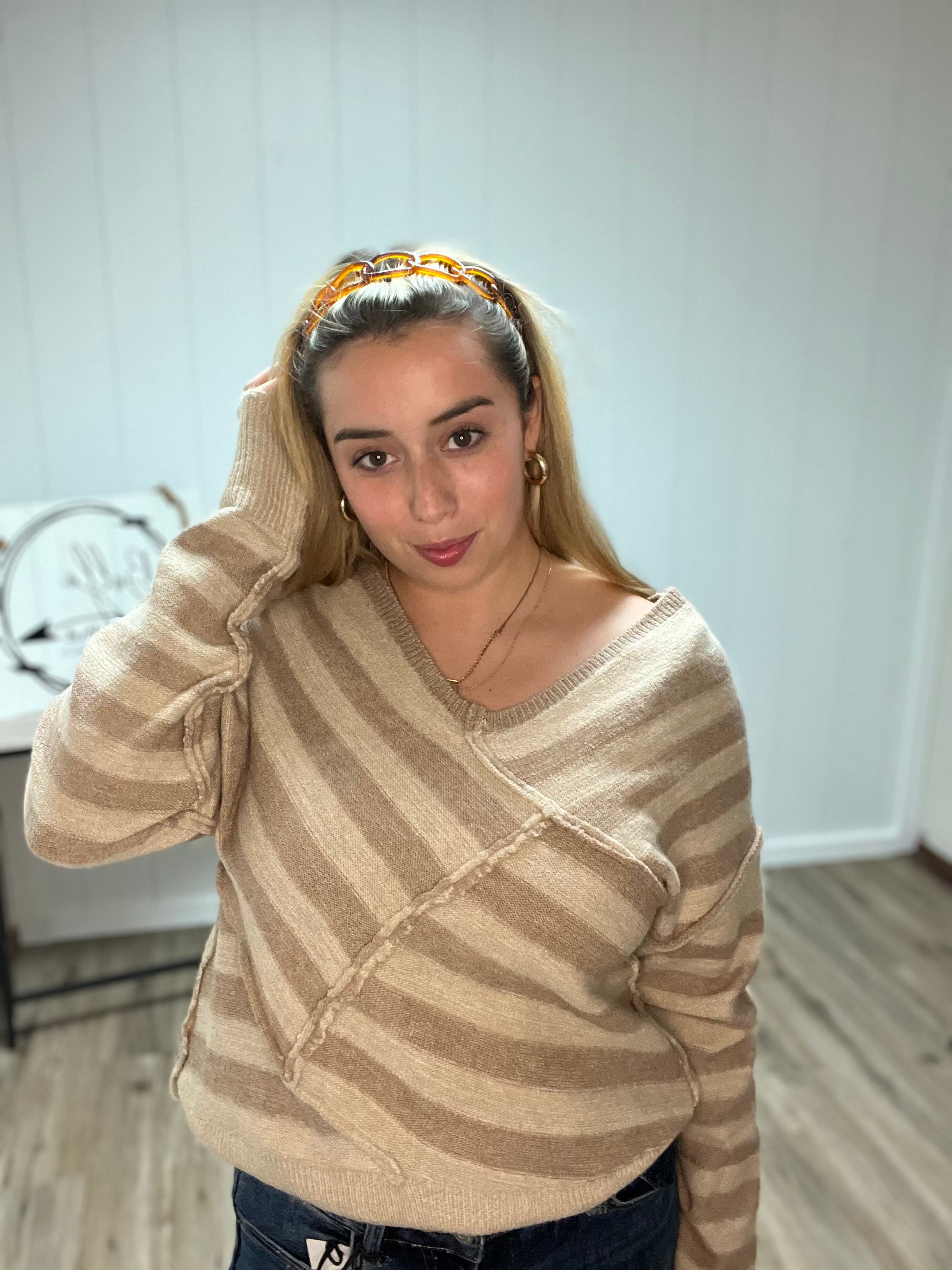 Stripe Cross Overlapped Sweater Top