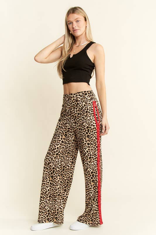 LEOPARD PRINT WITH RED SIDE STRIPE PANTS