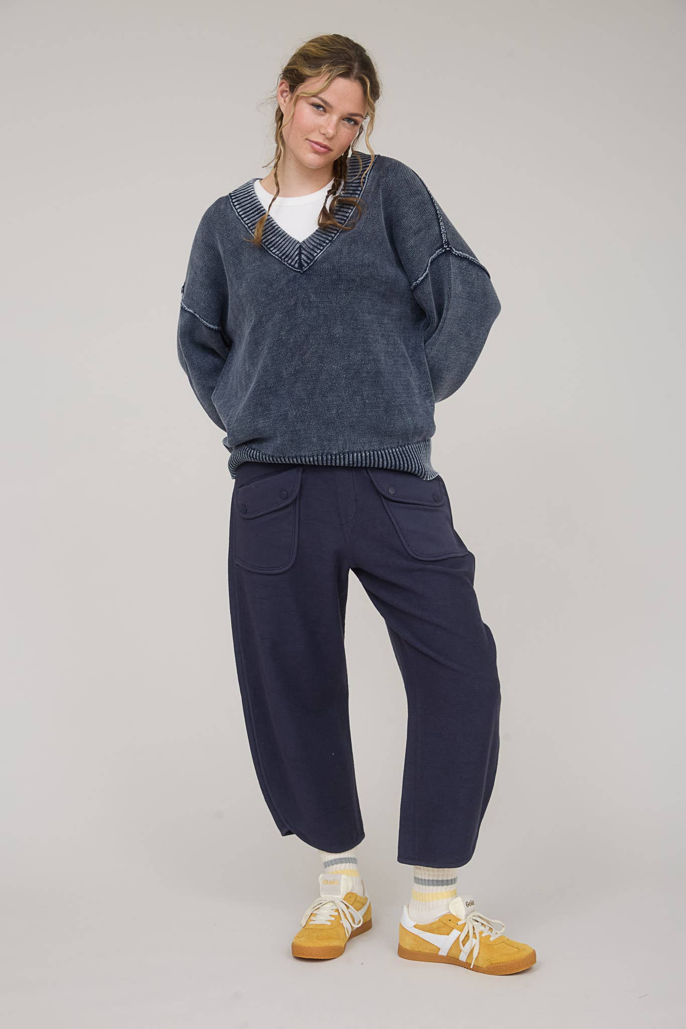 Blu Pepper - WASHED V NECK LONG SLEEVE OVERSIZED KNIT SWEATER