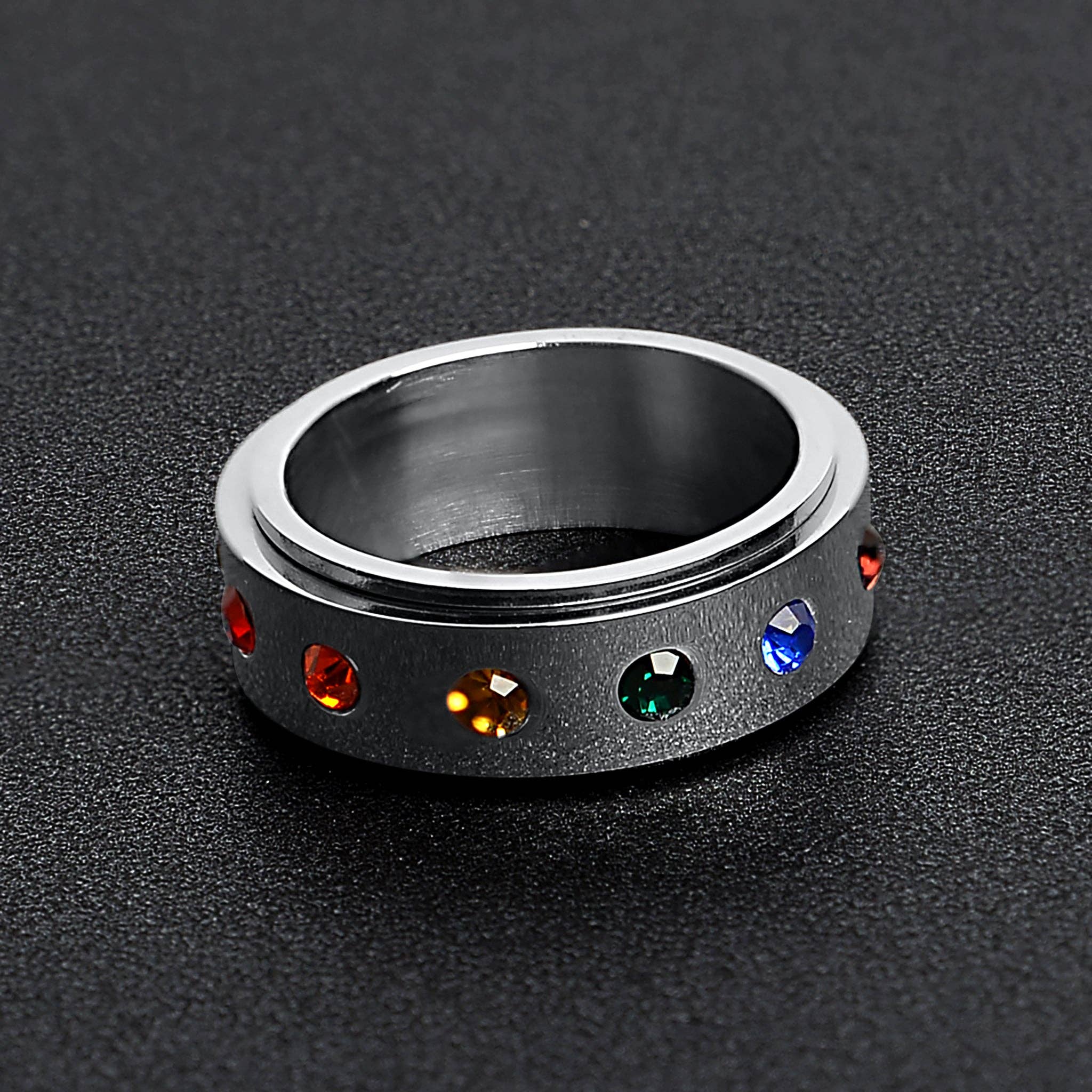 Rainbow CZ Spinner Center Highly Polished Stainless Steel Ring