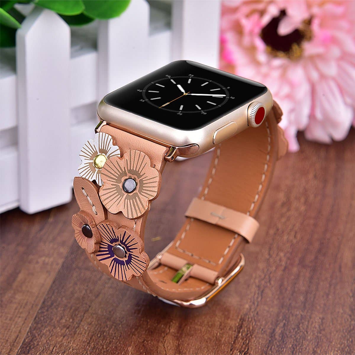 Floral Leather Apple Watch Band Flower Rivets Hand Stitched