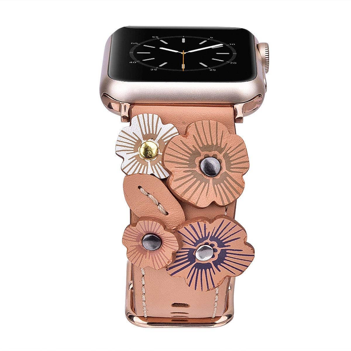 Floral Leather Apple Watch Band Flower Rivets Hand Stitched