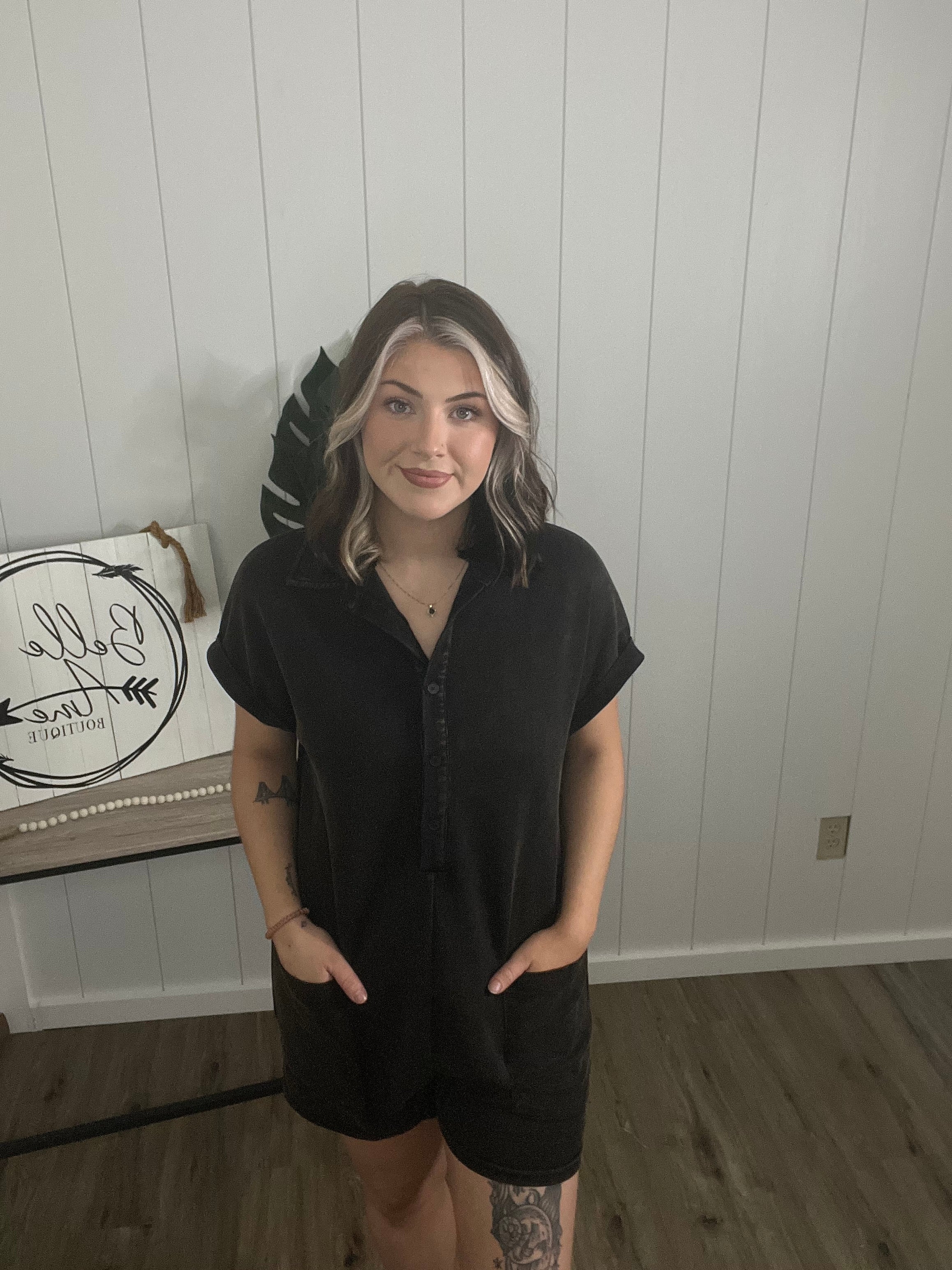 Mineral Washed Scuba Button Up Romper