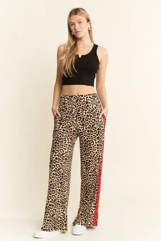 LEOPARD PRINT WITH RED SIDE STRIPE PANTS